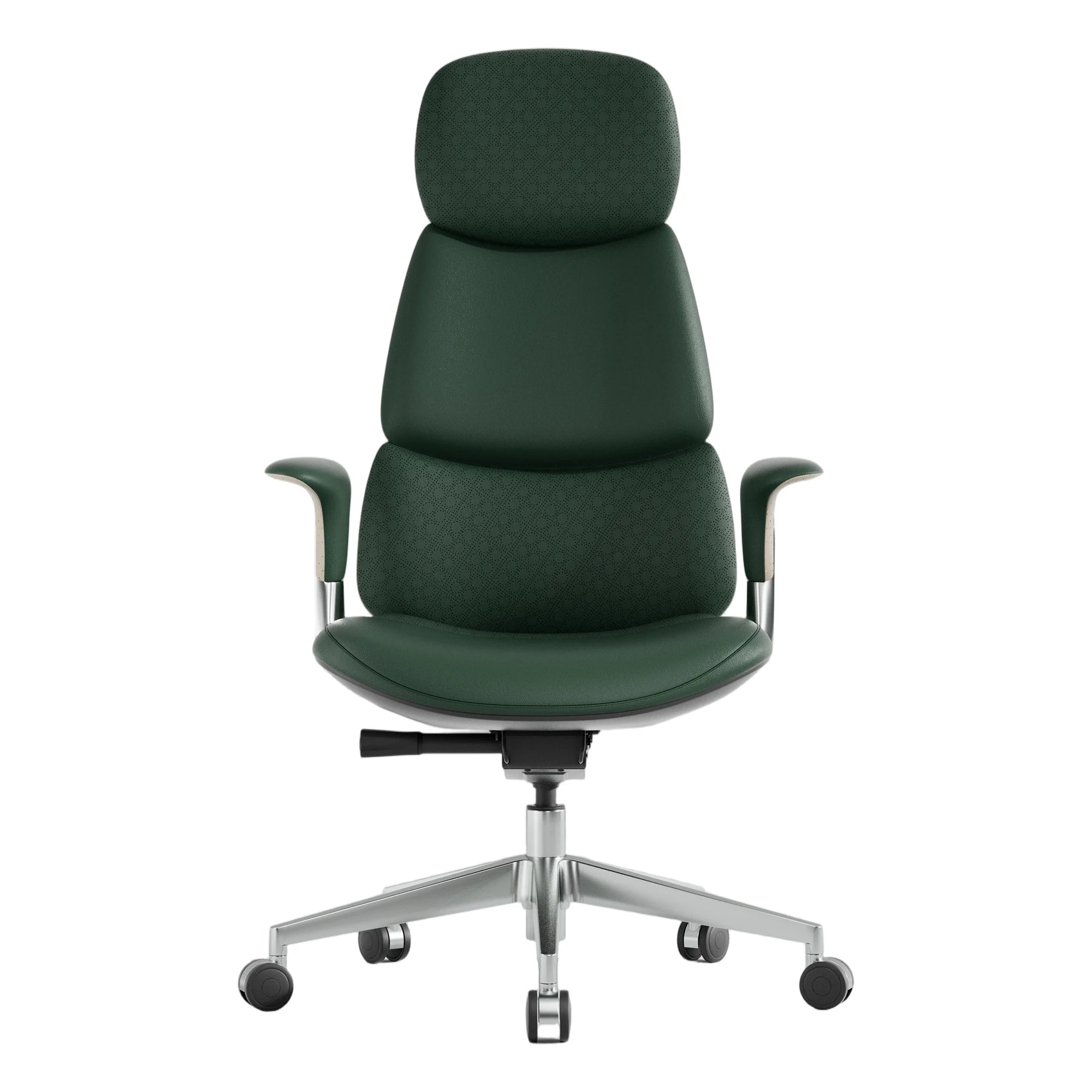 Green upholstered office chair with curved back and adjustable arms, on chrome base with casters