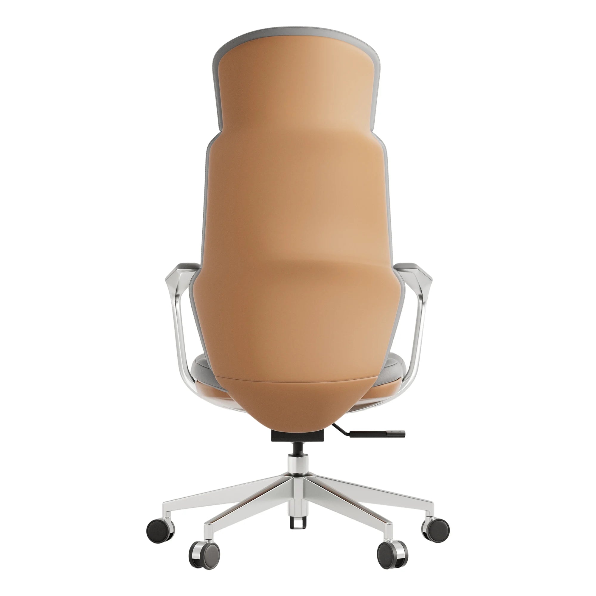 Brown leather swivel office chair with tall backrest and padded armrests