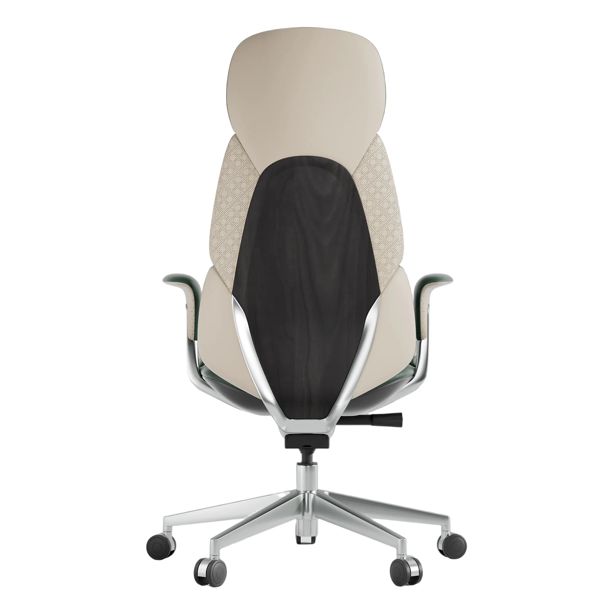 Beige leather office chair with padded back and seat, chrome base and casters