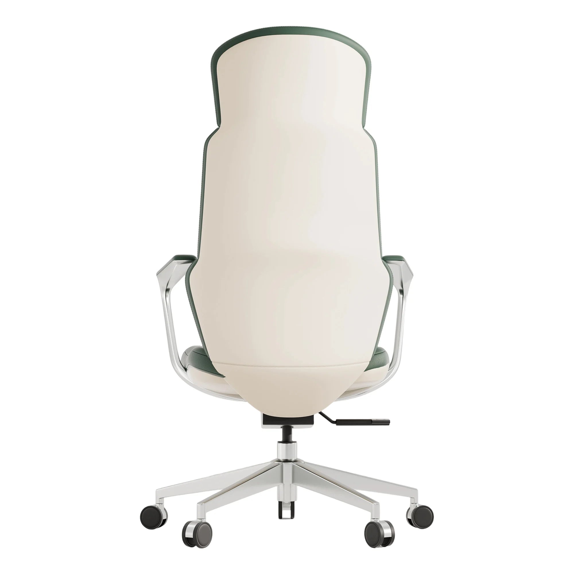 White leather swivel office chair with tall backrest and chrome-style arm supports
