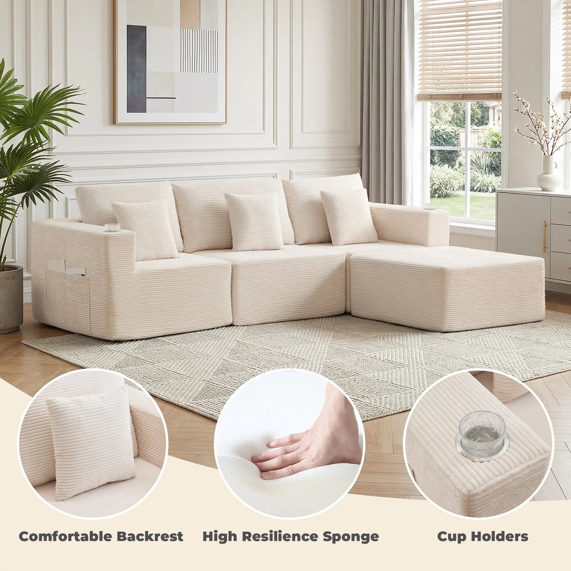 Hestia Compressed Modular Sofa with Cup Holders & Storage