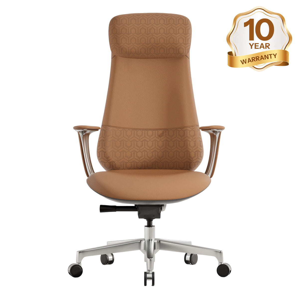 Nyla leather office chair with easy adjustment, tan/brown with armrests and caster base