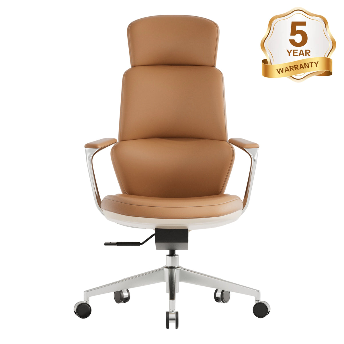 Nolan leather office chair with padded headrest, armrests, and caster base