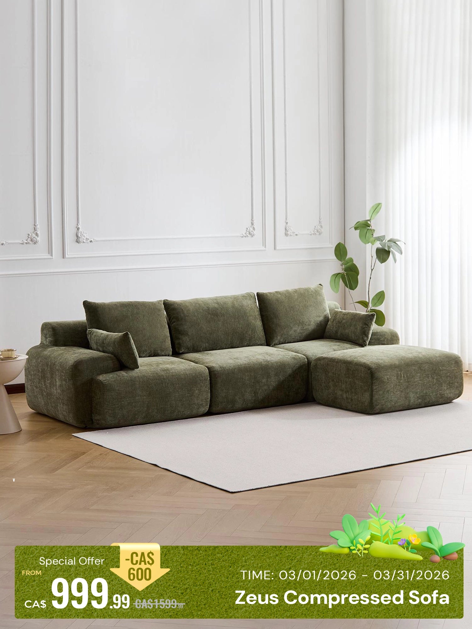 Zeus Compressed Sectional Sofa with Ottoman