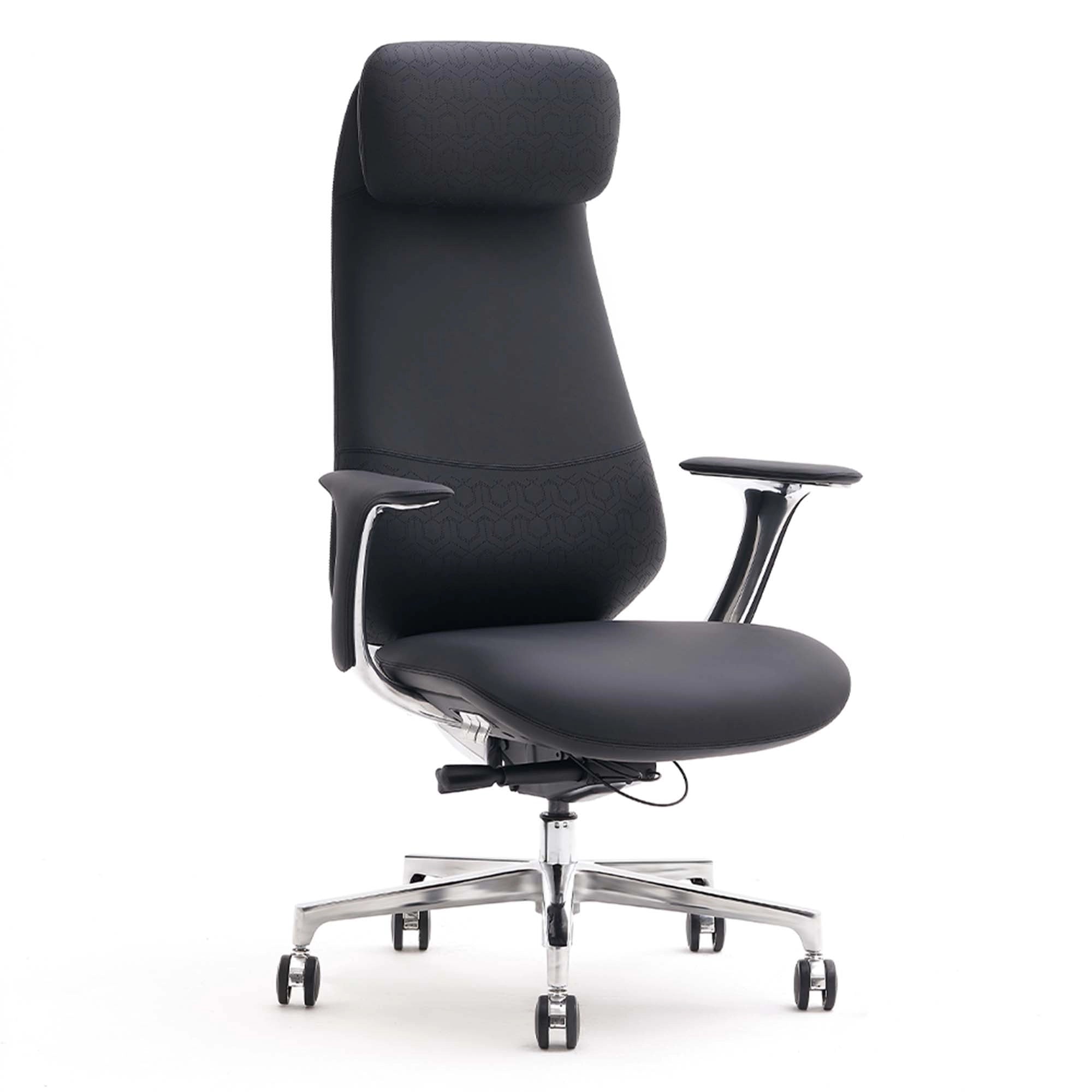 Black leather office chair with padded headrest, armrests, and chrome rolling base