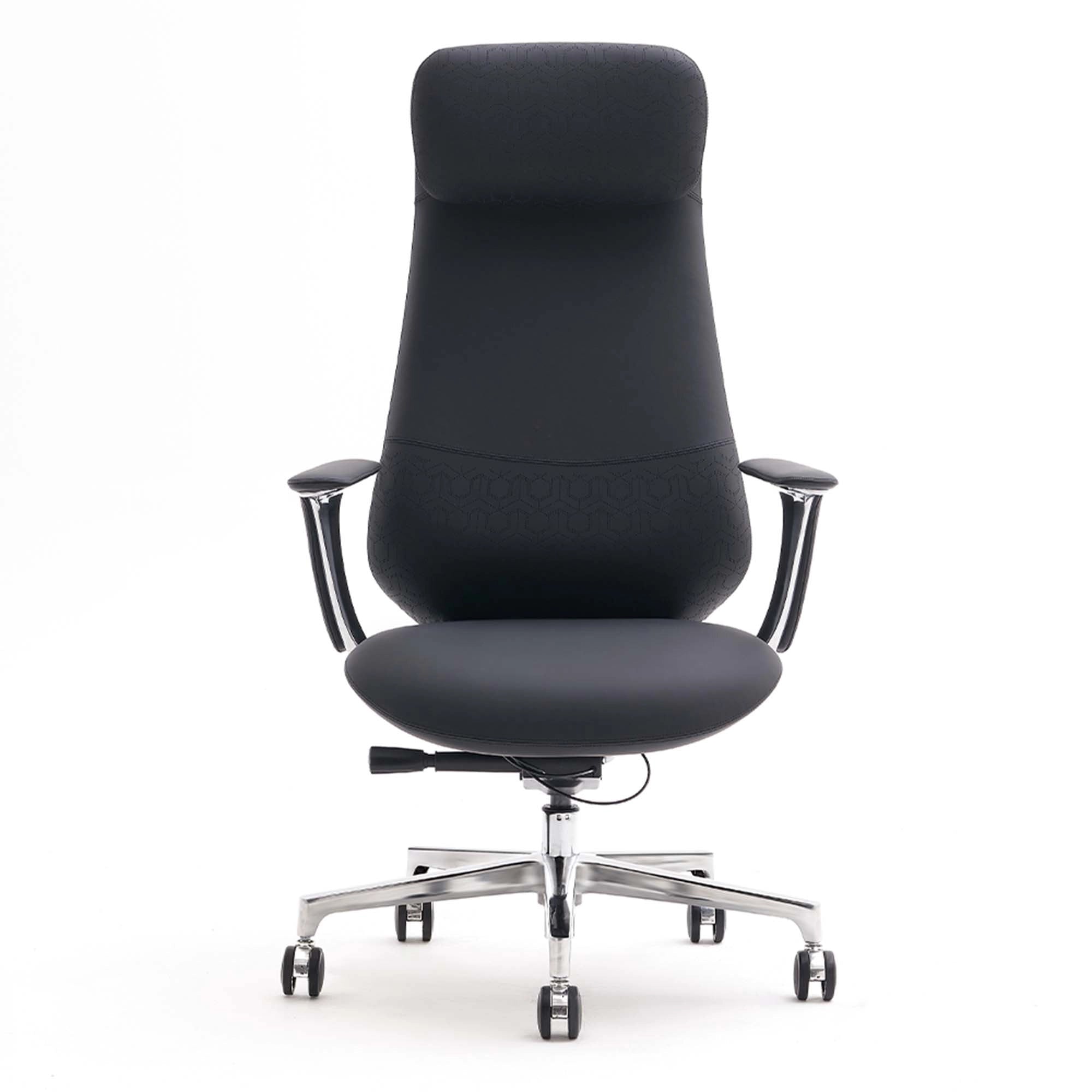 Black leather office chair with curved headrest, armrests, and chrome rolling base