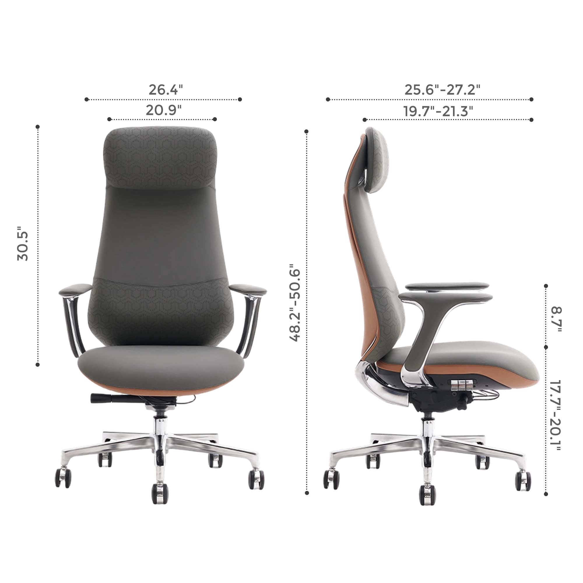 Dark gray leather office chair, front view, padded headrest and adjustable tilt base