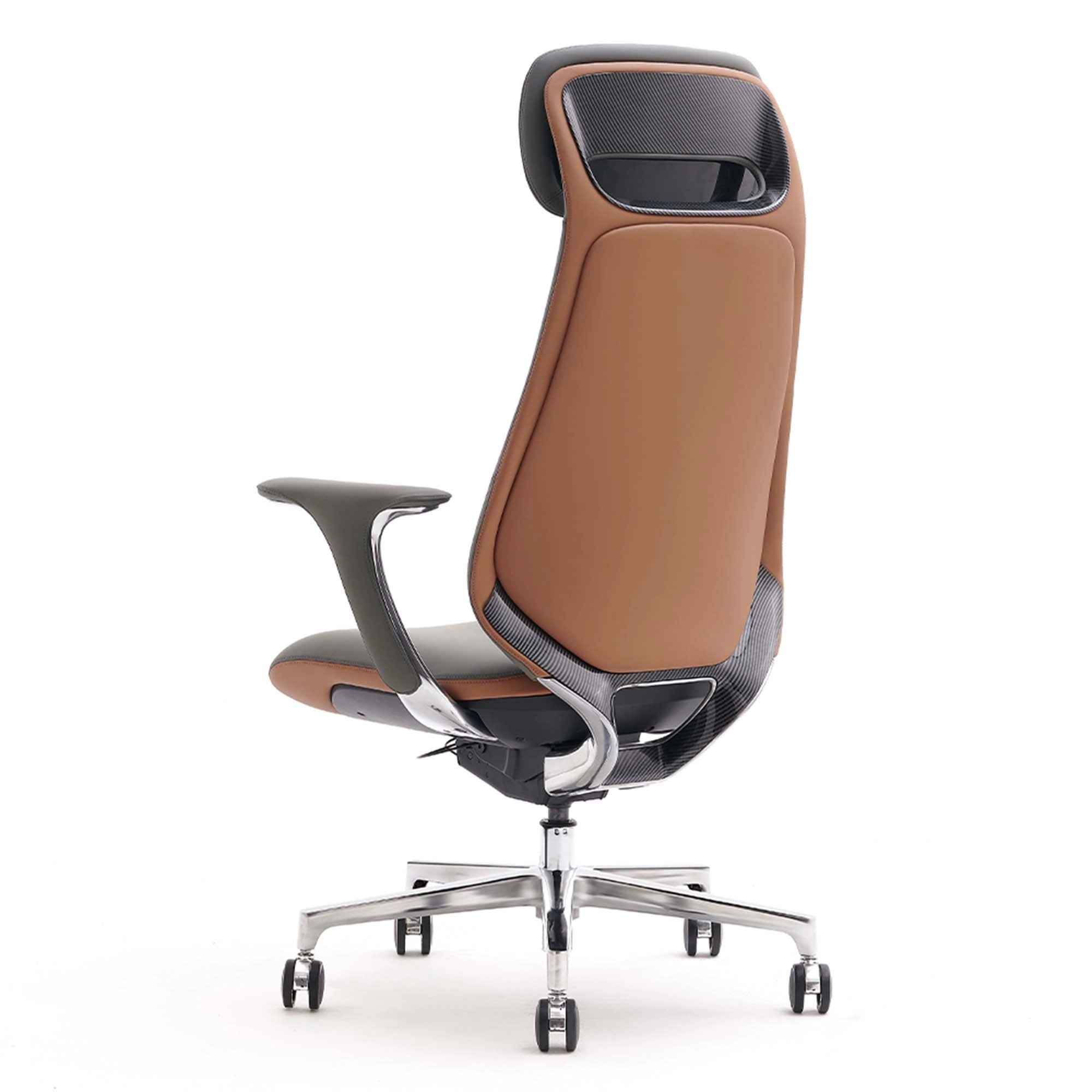Two-tone leather office chair with tan back panel, dark insert, and chrome rolling base