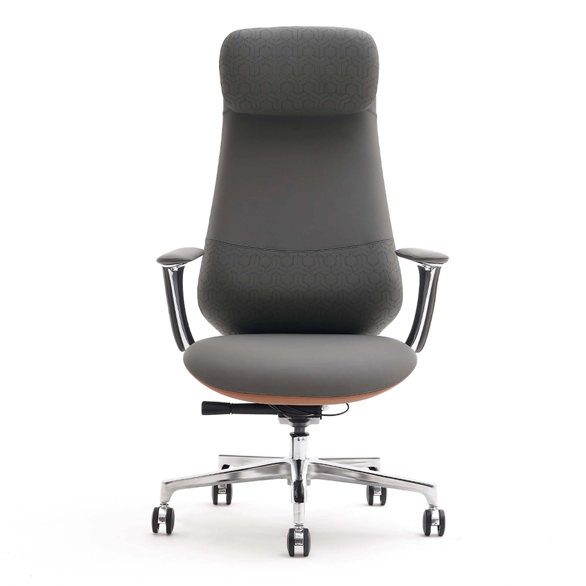Dark gray leather office chair with padded headrest, chrome arms, and swivel base