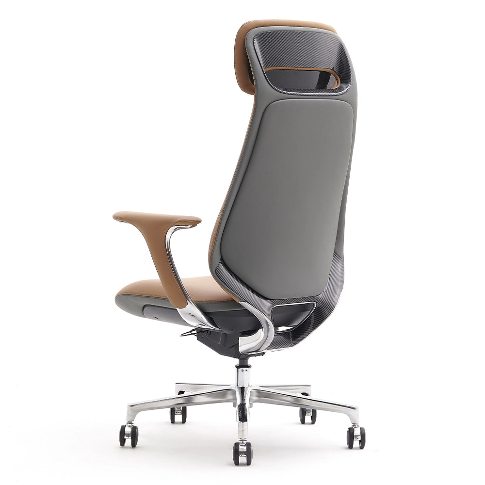 Two-tone leather office chair with tan headrest and dark gray seat, chrome base
