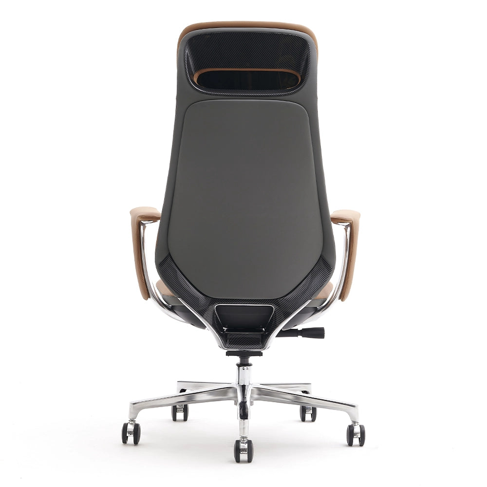 Dark gray leather office chair with padded headrest, armrests, and chrome base