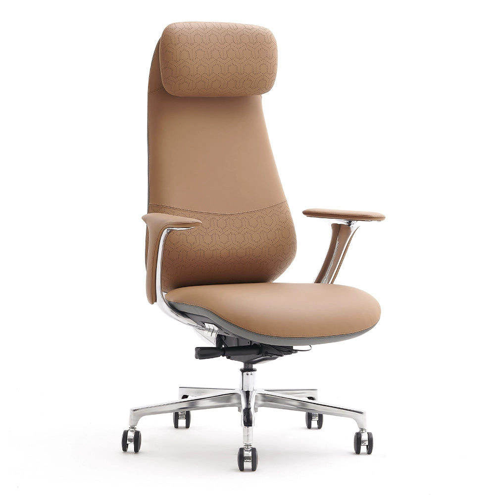 Nyla leather chair in beige with patterned leather backrest, armrests, and swivel base