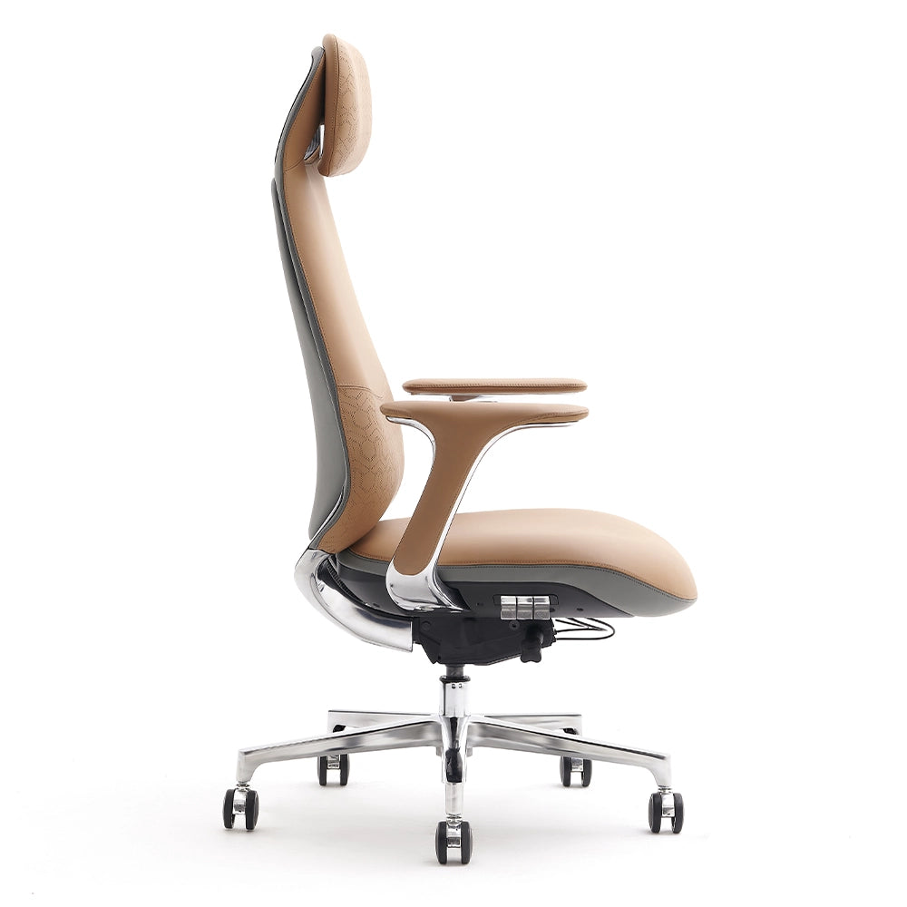 Nyla leather chair in light tan with tall backrest, armrests, and swivel base with wheels