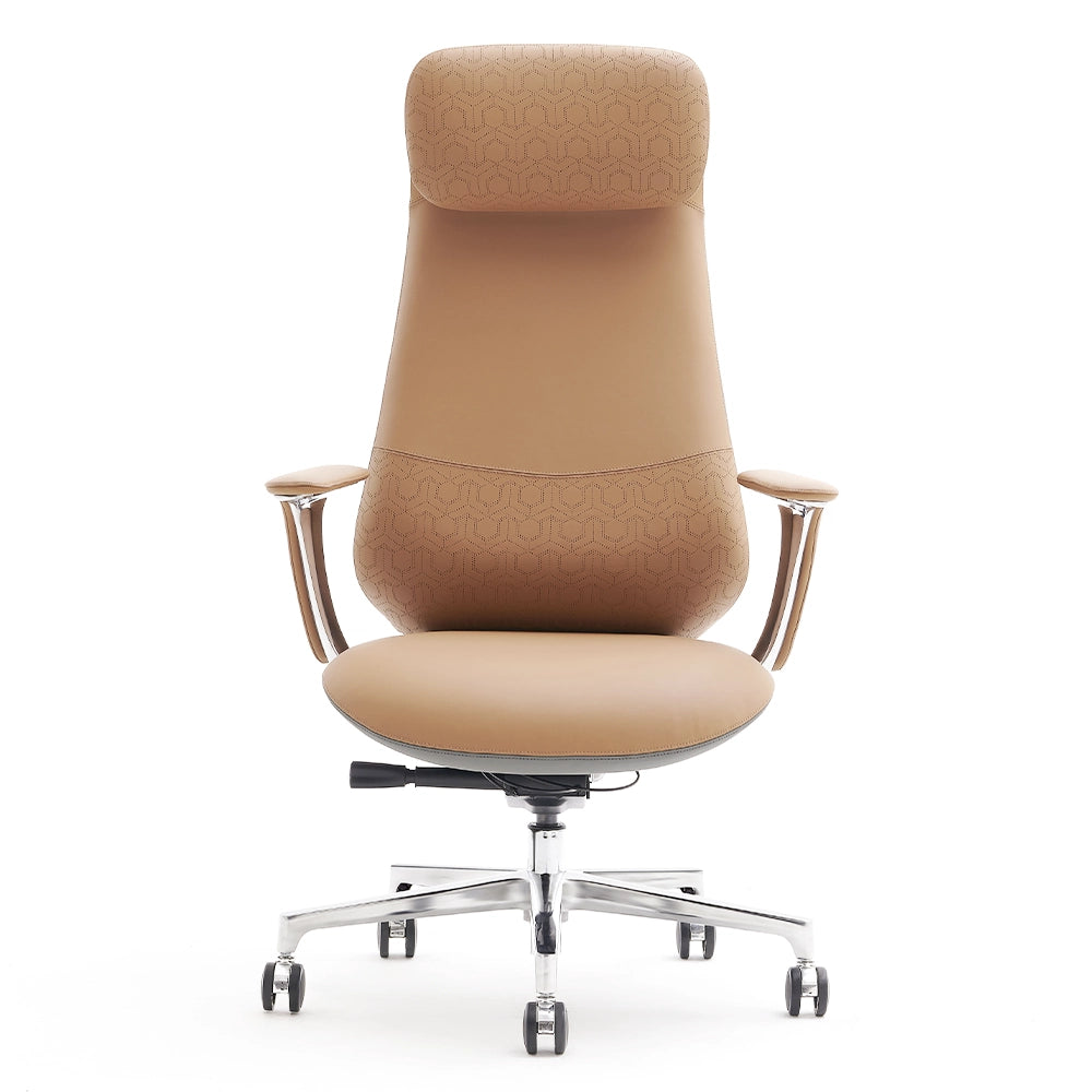 Nyla leather chair in caramel brown with patterned backrest, padded seat, and swivel base