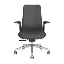 Mid-back leather office chair, black front view, padded armrests, swivel base with casters