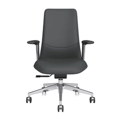 Mid-back leather office chair, black front view, padded armrests, swivel base with casters