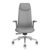 Gray leather office chair with padded seat and headrest, front view on caster base