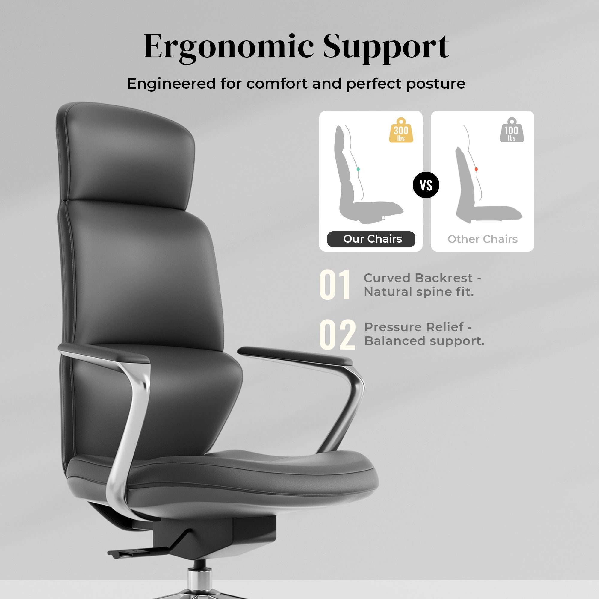 Dark gray leather swivel office chair with ergonomic curved backrest
