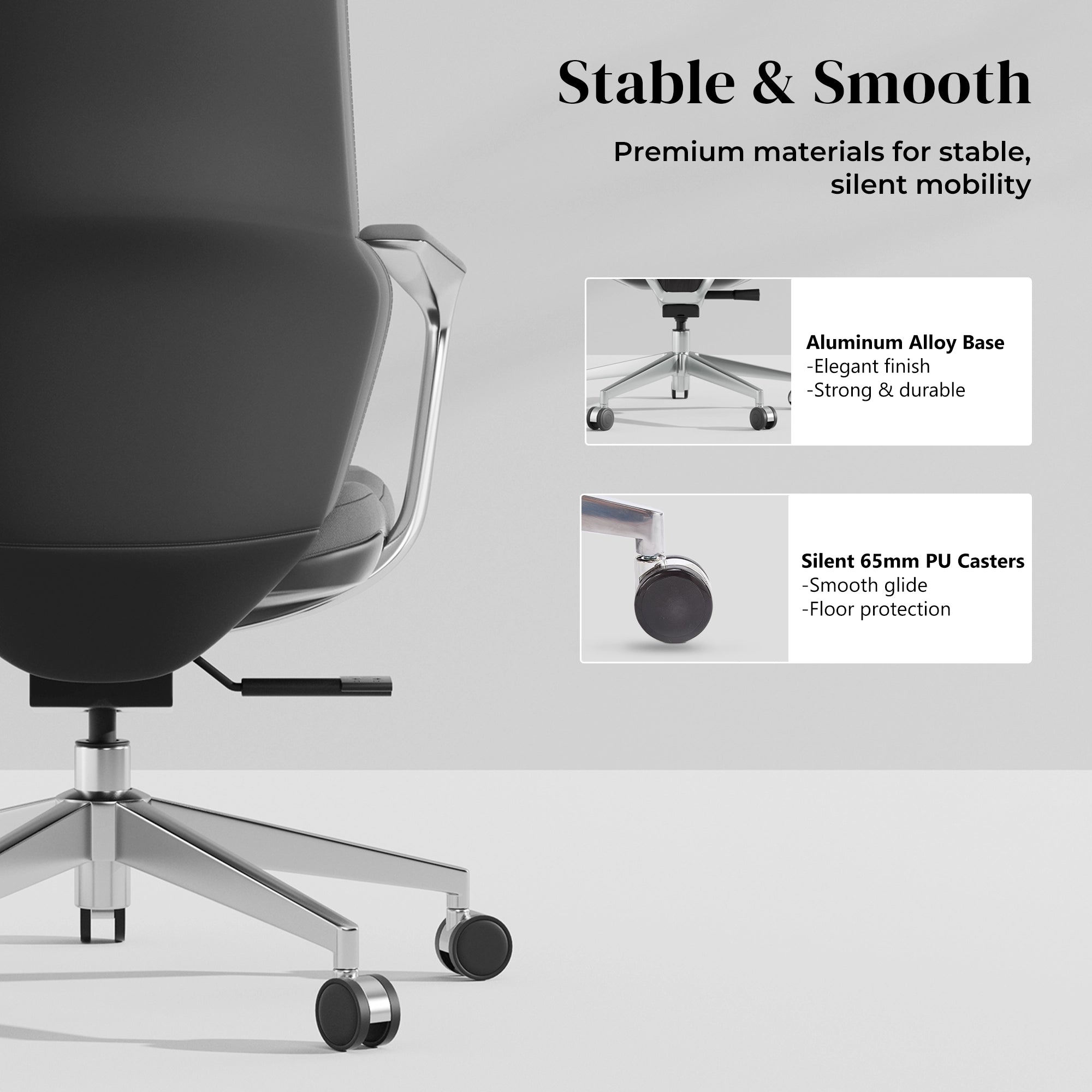 Gray leather swivel office chair with metal base and caster wheels