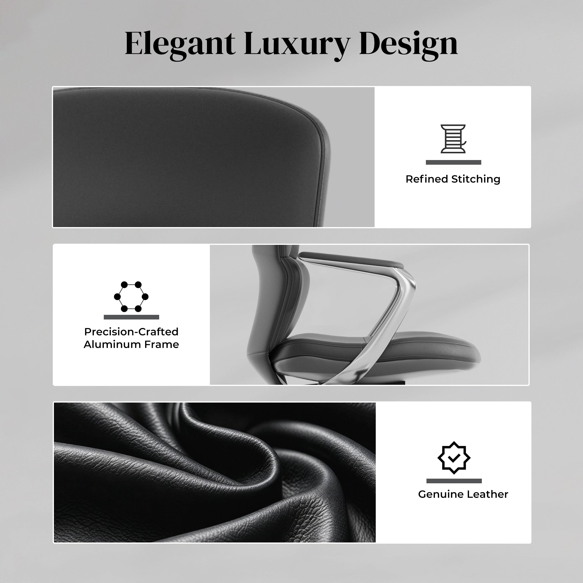 Black leather office chair showing stitched upholstery and aluminum frame