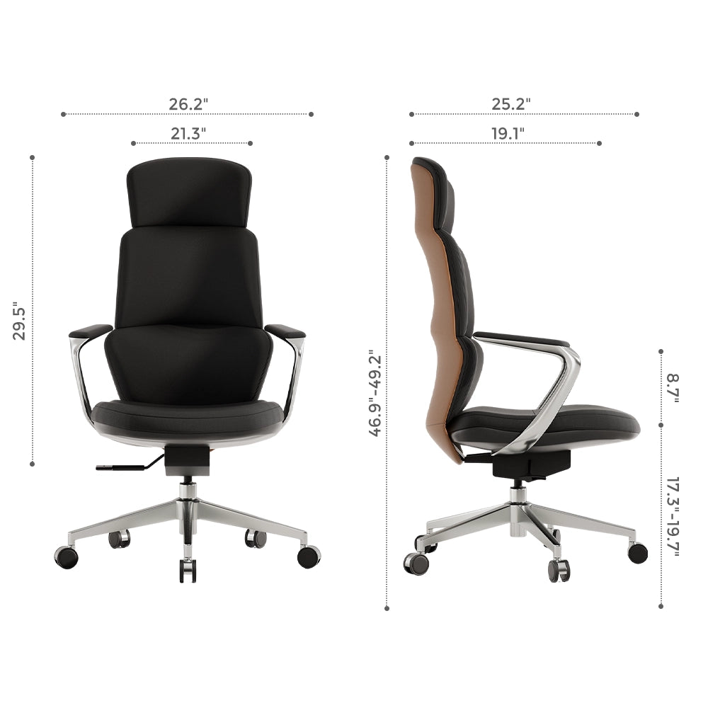Black leather office chair with tall backrest and padded seat, swivel base and casters