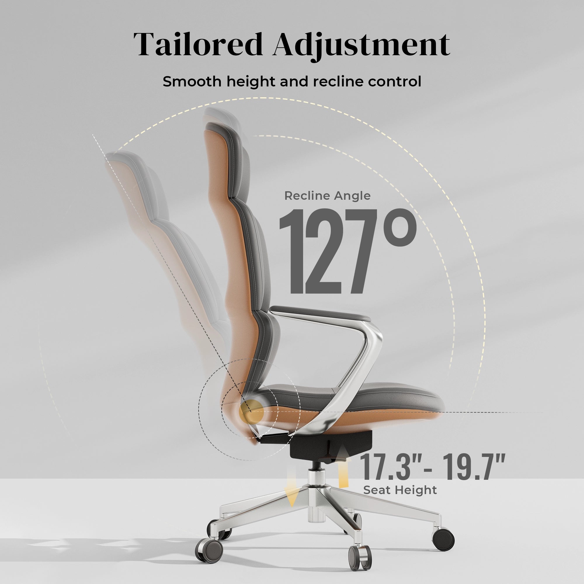 Tan leather office chair with recline control and padded backrest
