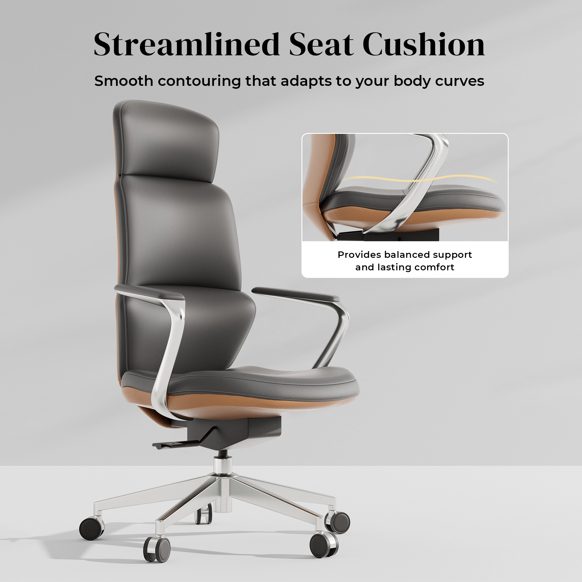 Dark gray leather office chair with streamlined seat cushion and armrests
