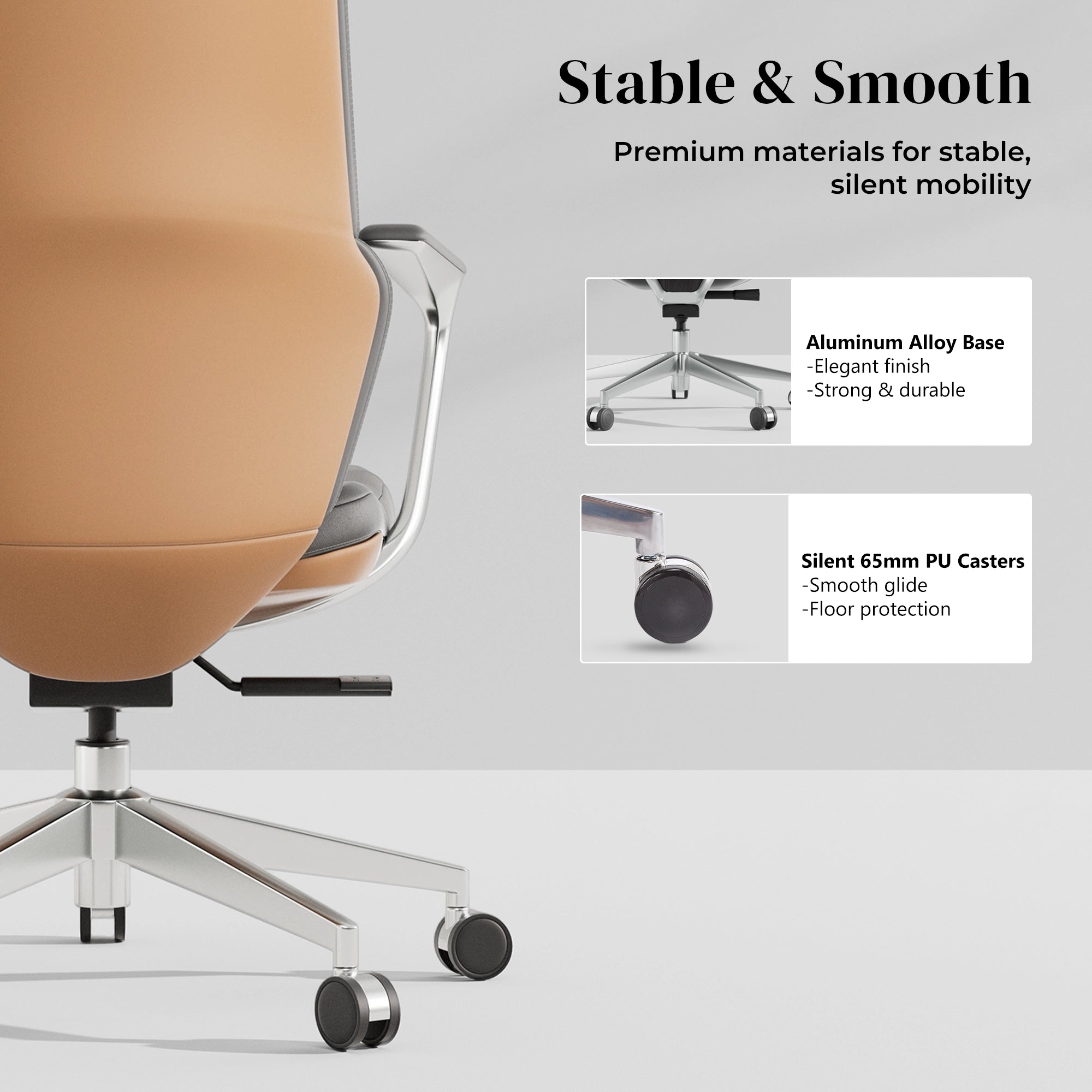 Tan leather office chair with chrome armrests and five-star caster base