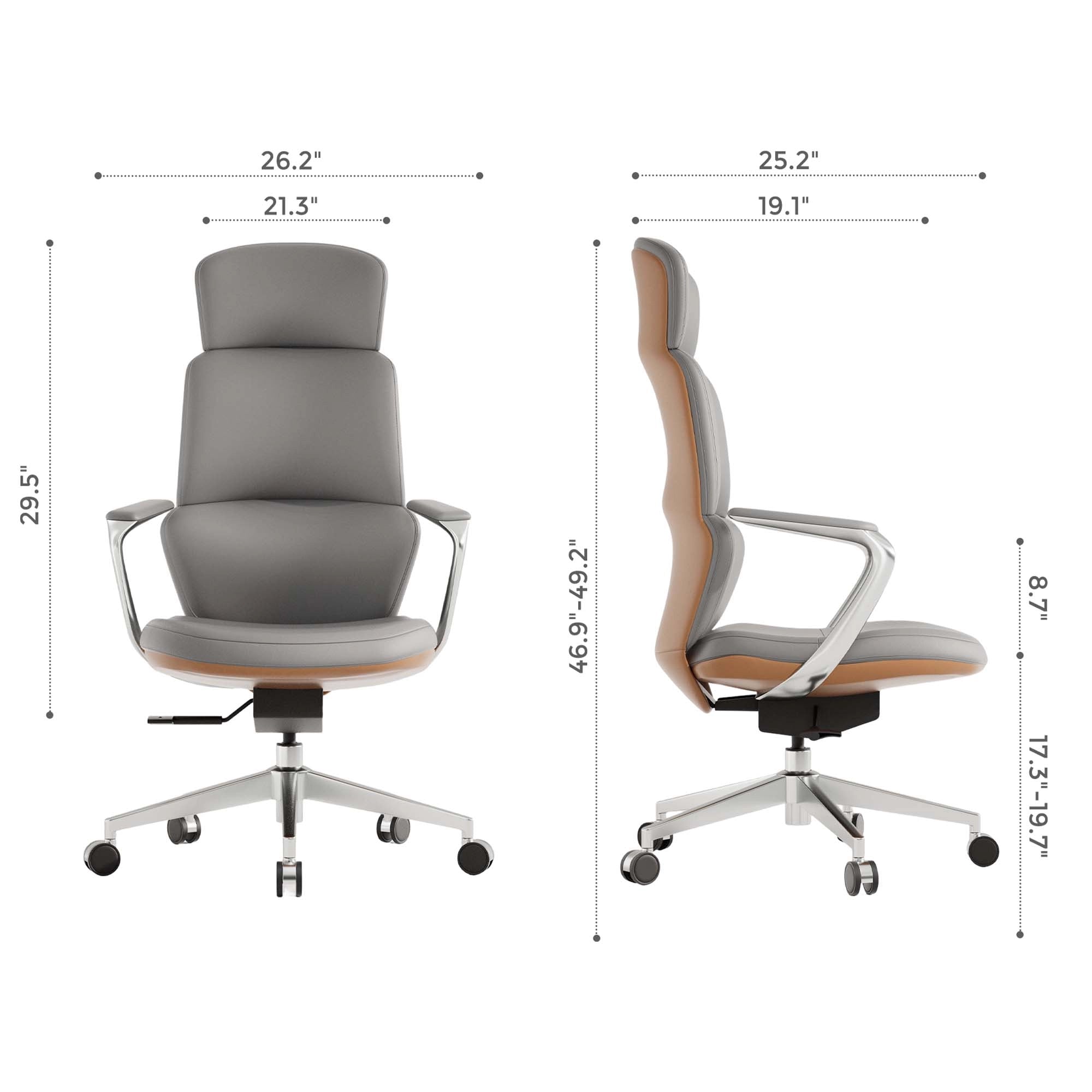 Two-tone leather office chair with dark seat/back, light side panels, and chrome swivel base
