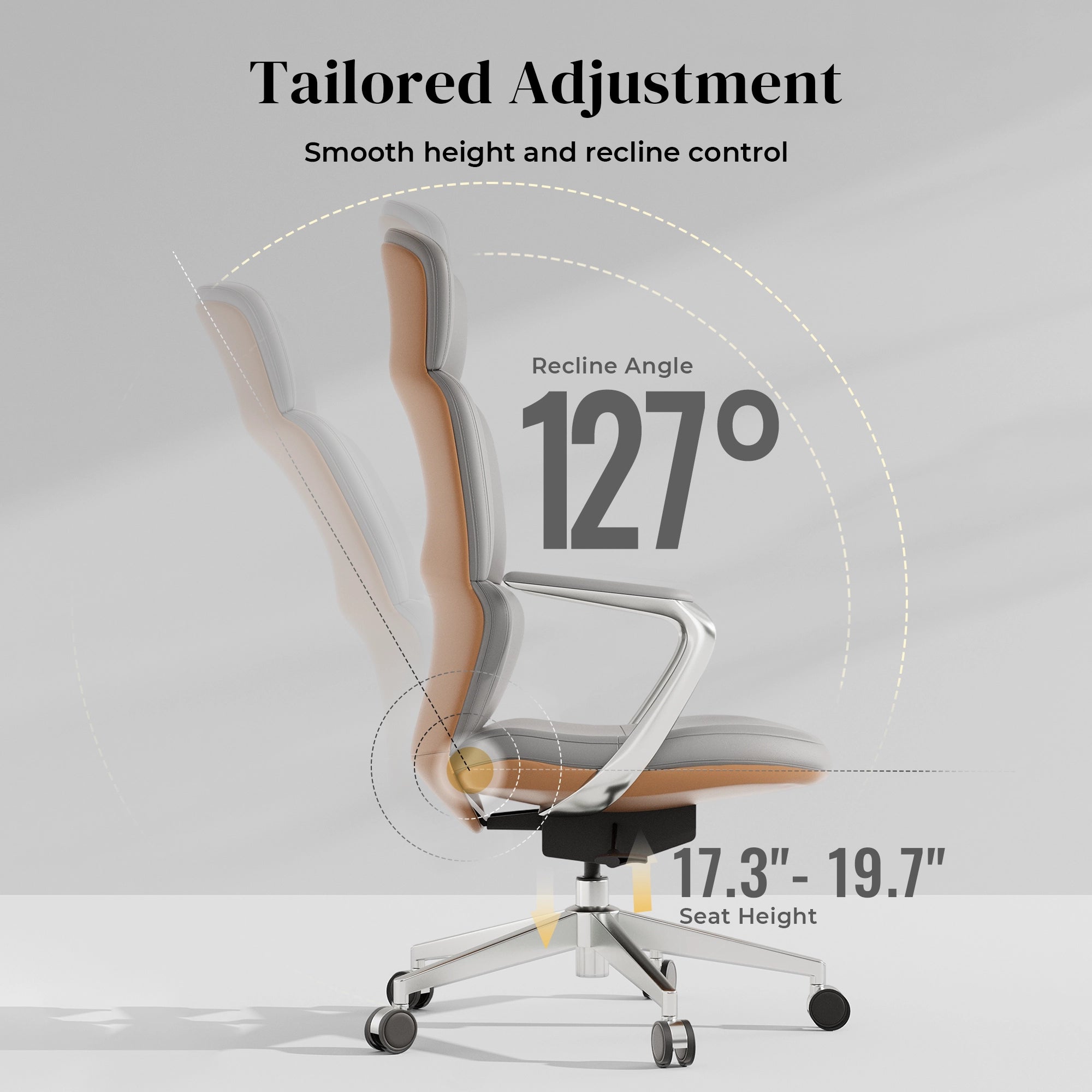 Tan leather swivel office chair with recline angle and adjustable seat height