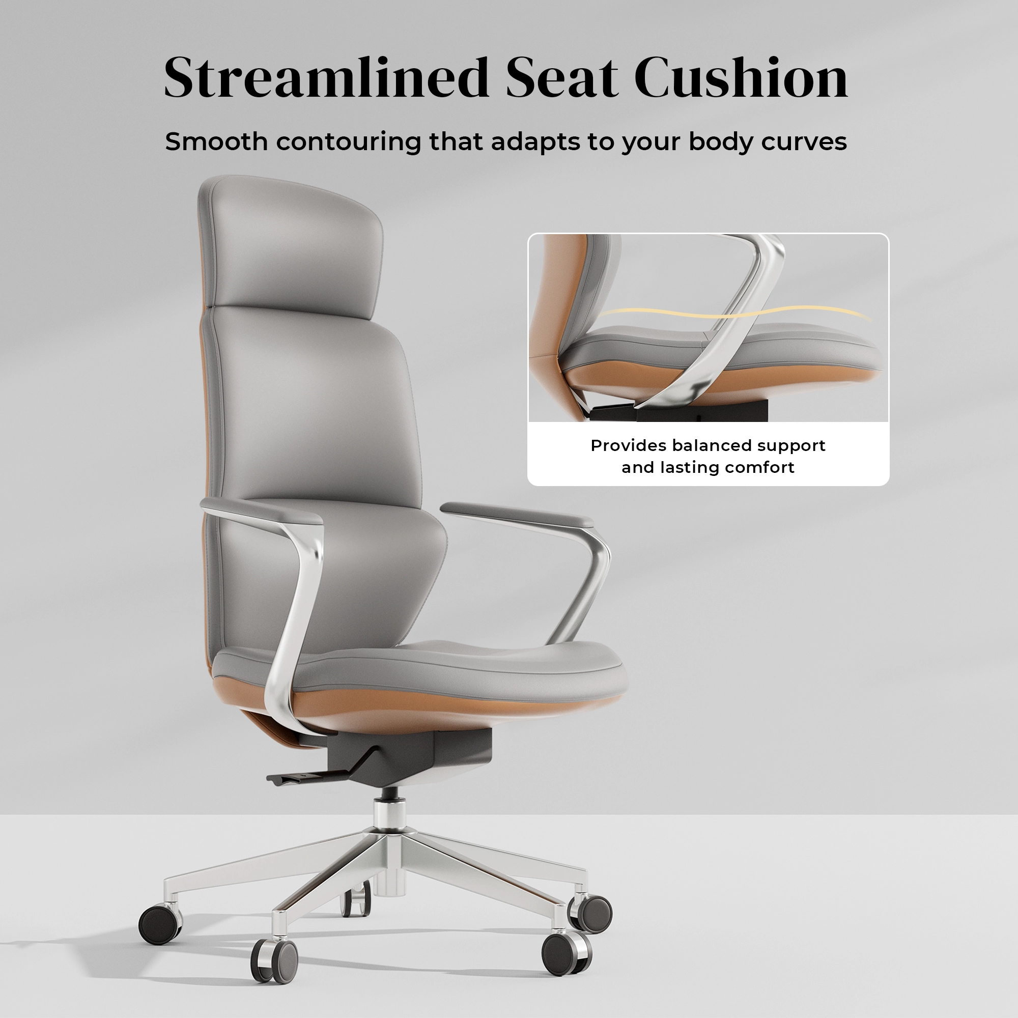 Gray leather swivel office chair with tall backrest and curved seat cushion
