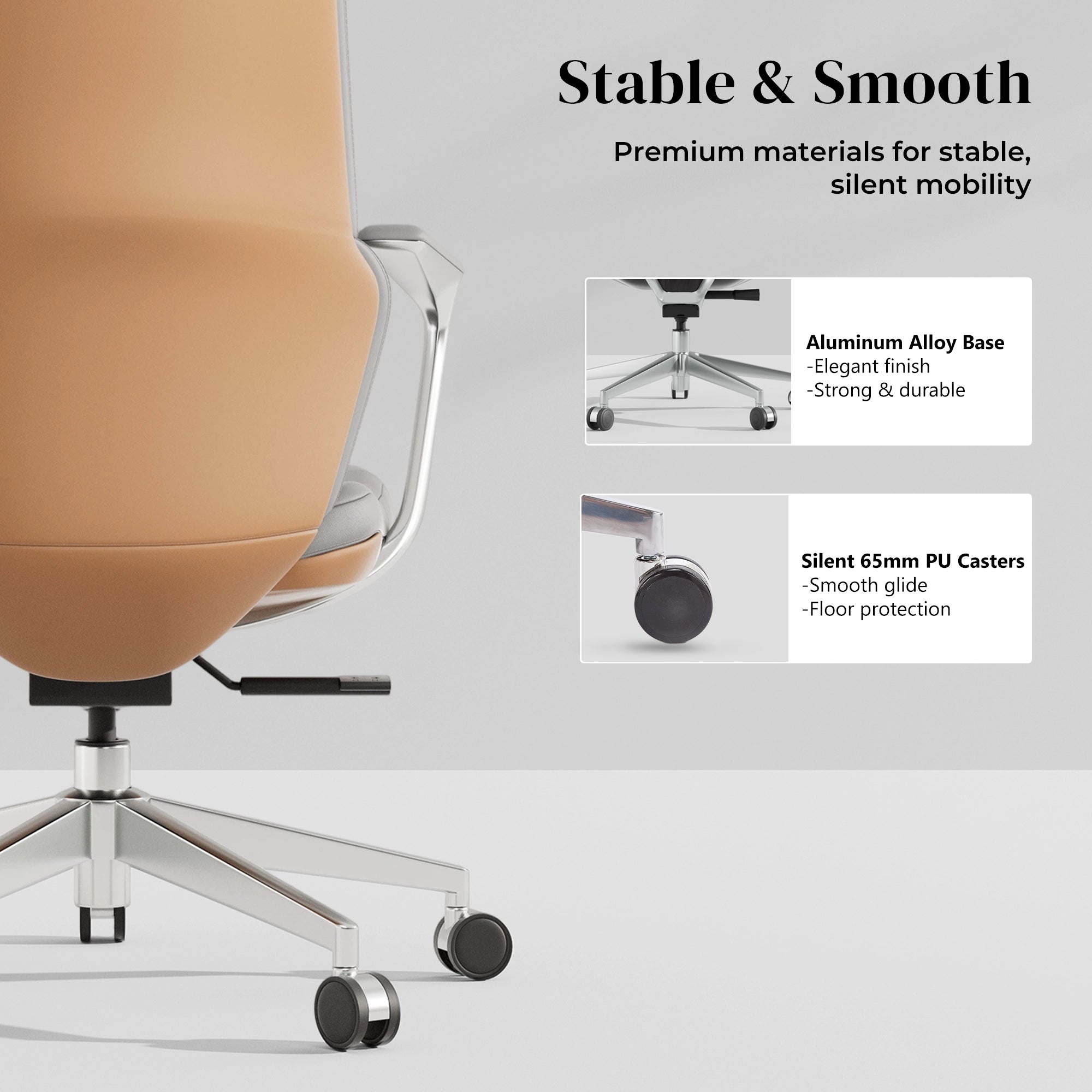 Tan leather swivel office chair with metal base and caster wheels