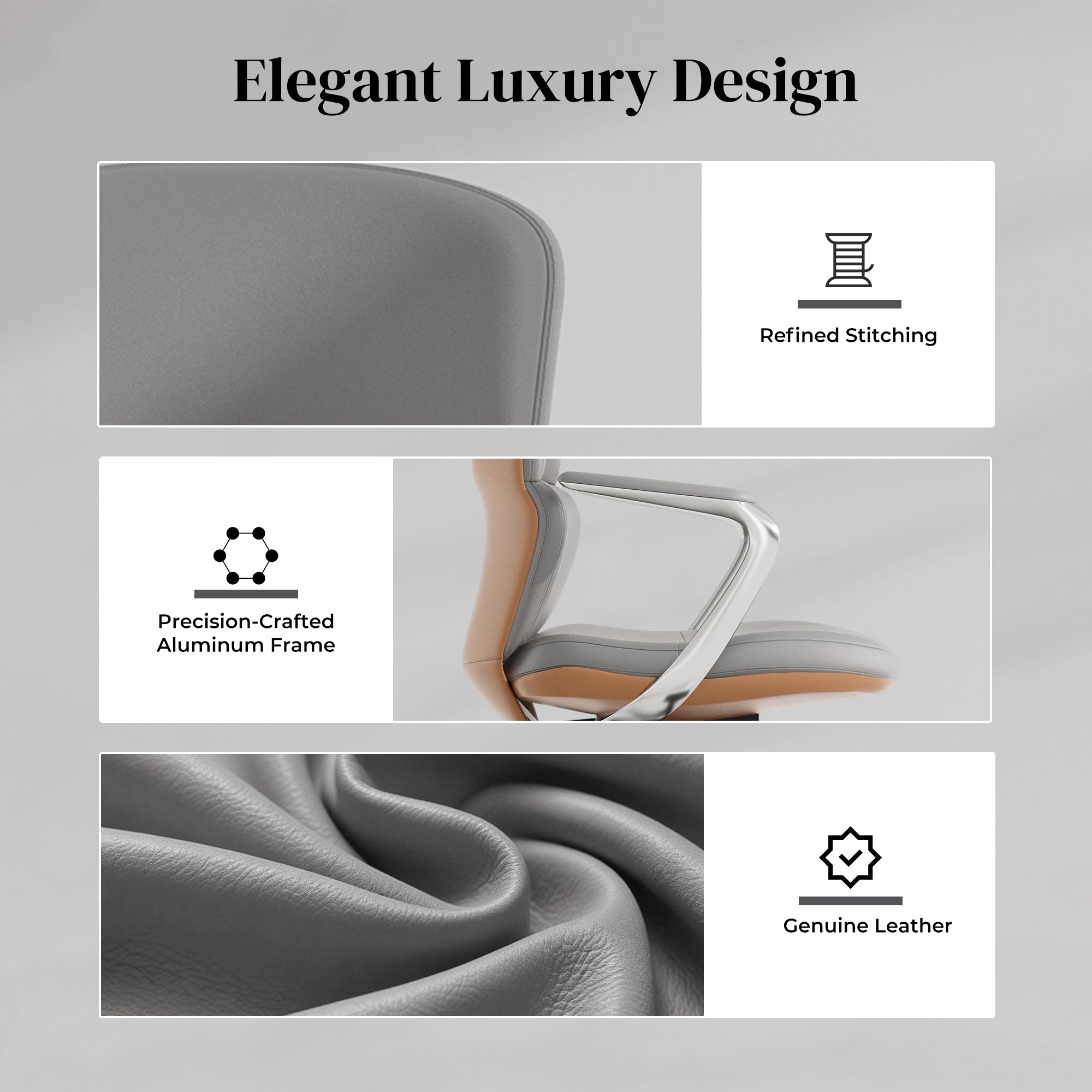 Gray leather office chair showing stitched upholstery and aluminum frame