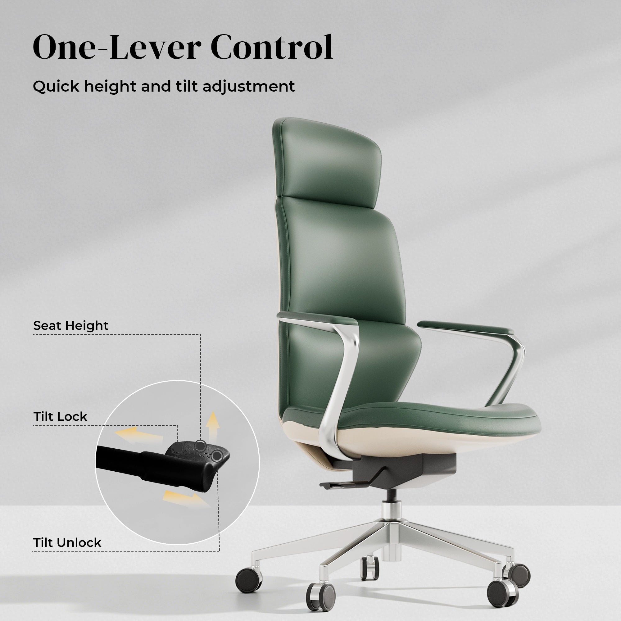 Green leather swivel office chair with one-lever control base and curved seat