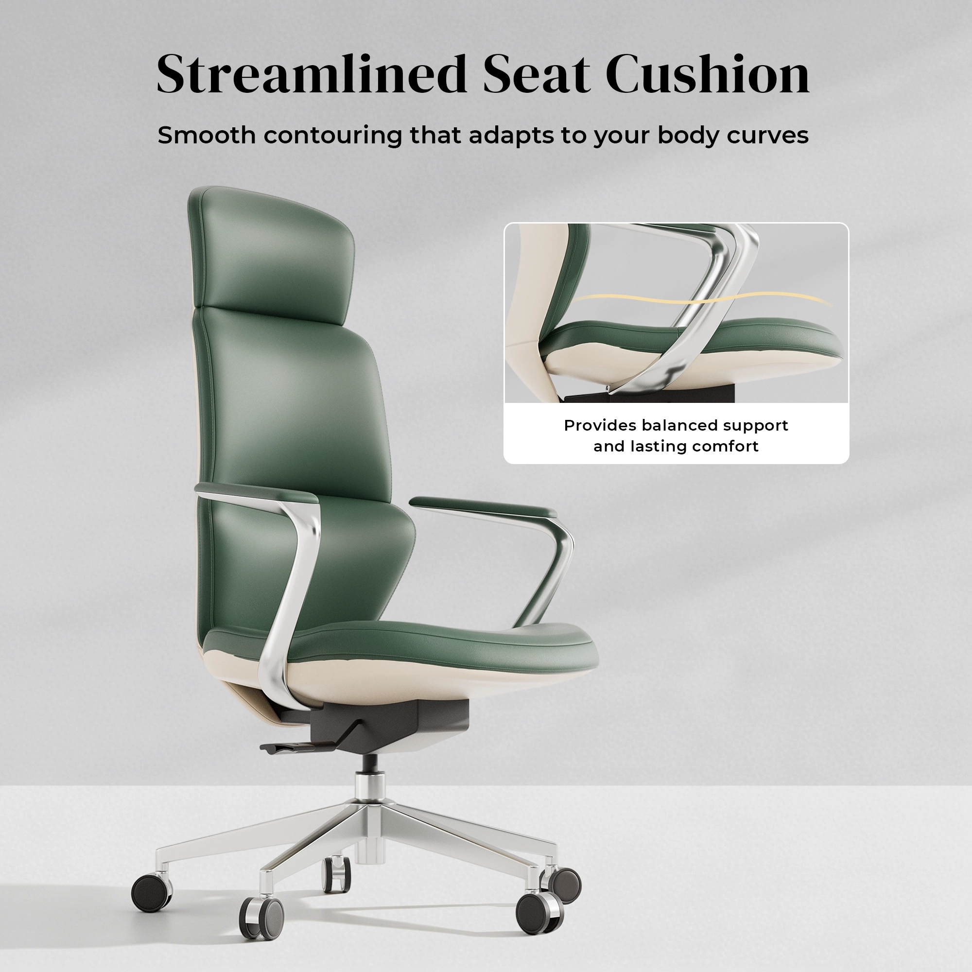 Green leather swivel office chair with curved backrest and padded armrests