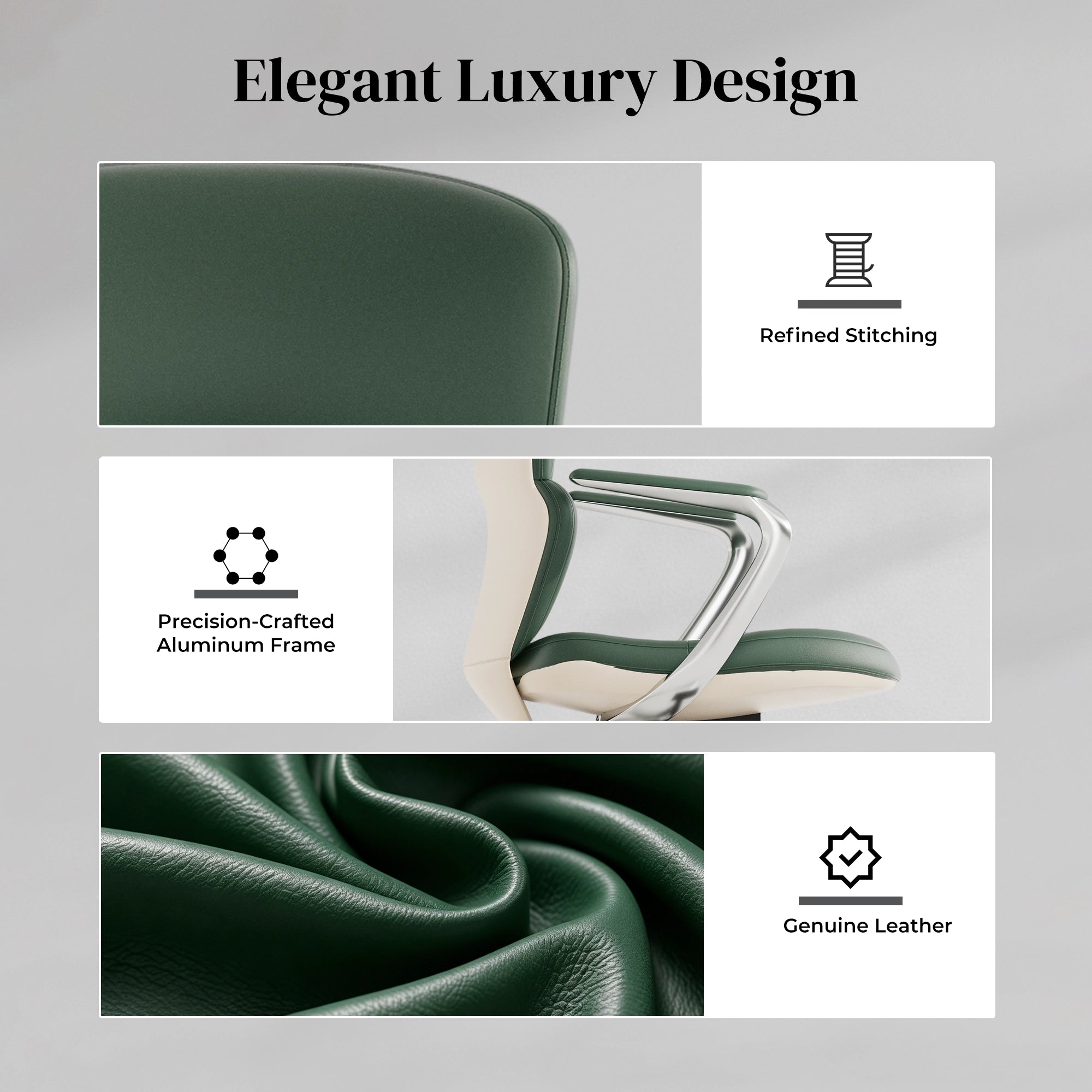 Green leather office chair with stitched leather upholstery and metal frame