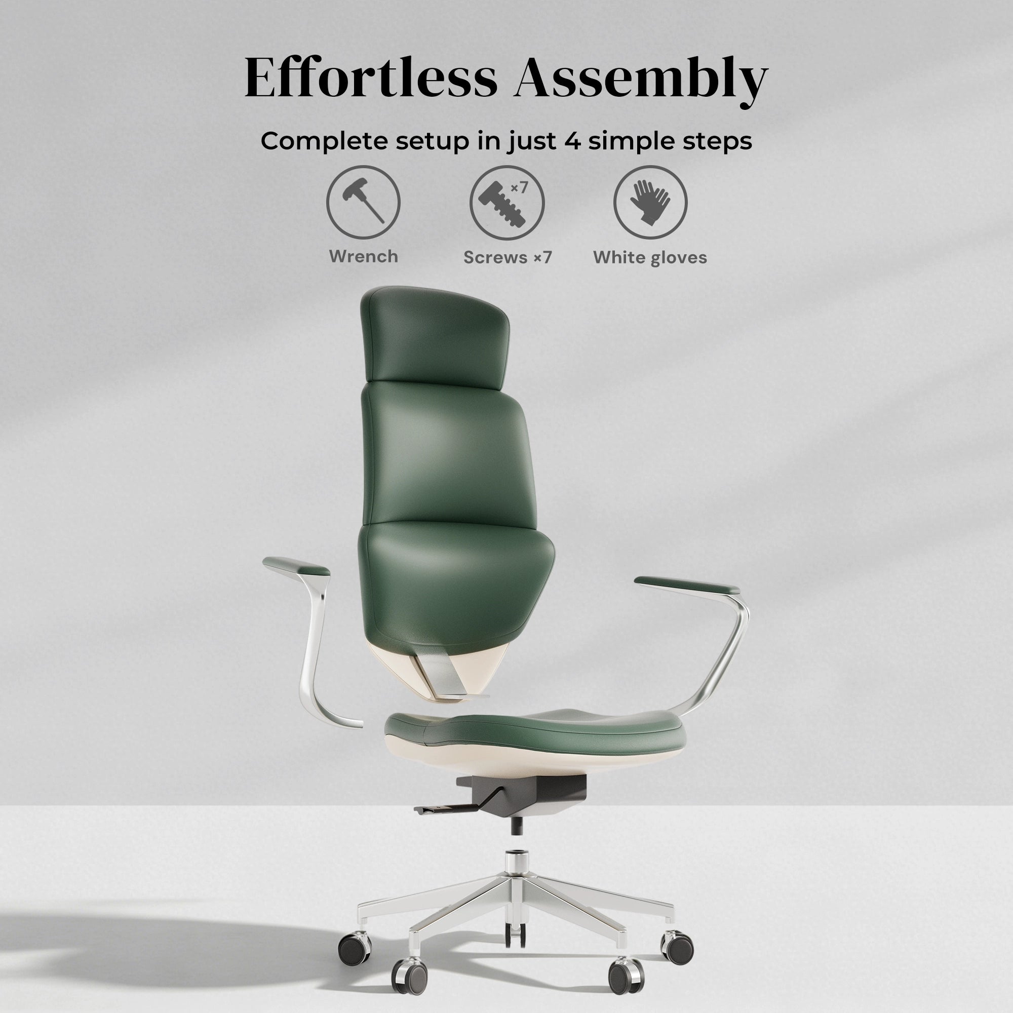 Green leather swivel office chair with curved armrests and five-star caster base