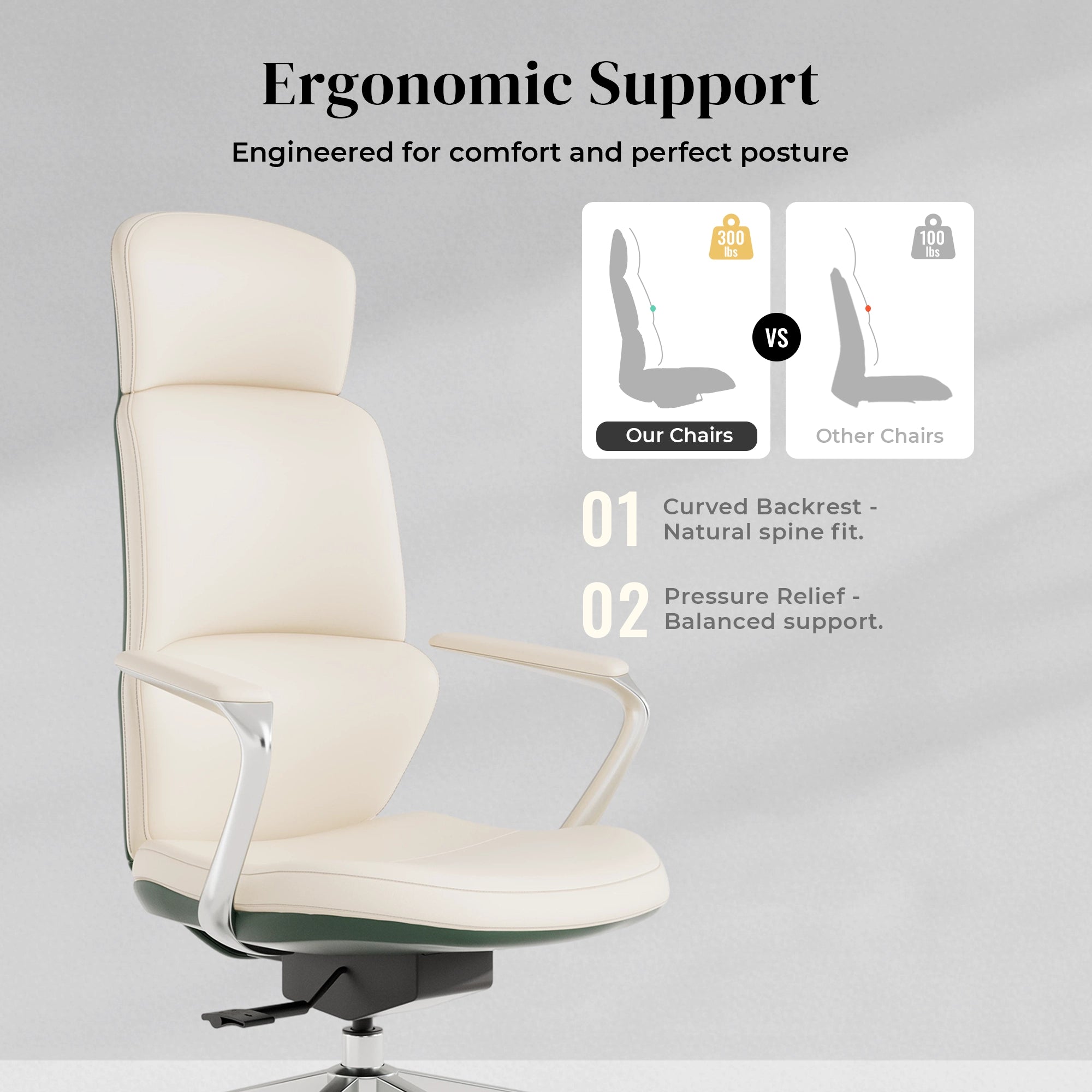 Cream leather swivel office chair with ergonomic curved seat and back support