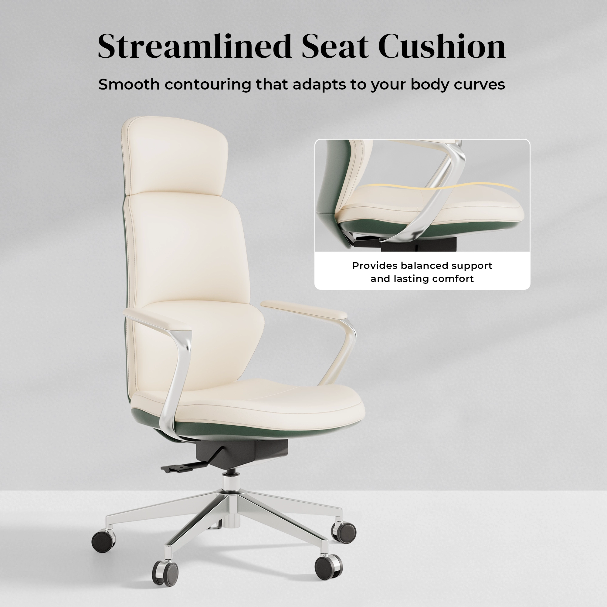 Cream leather office chair with padded seat cushion, arched arms, and swivel caster base