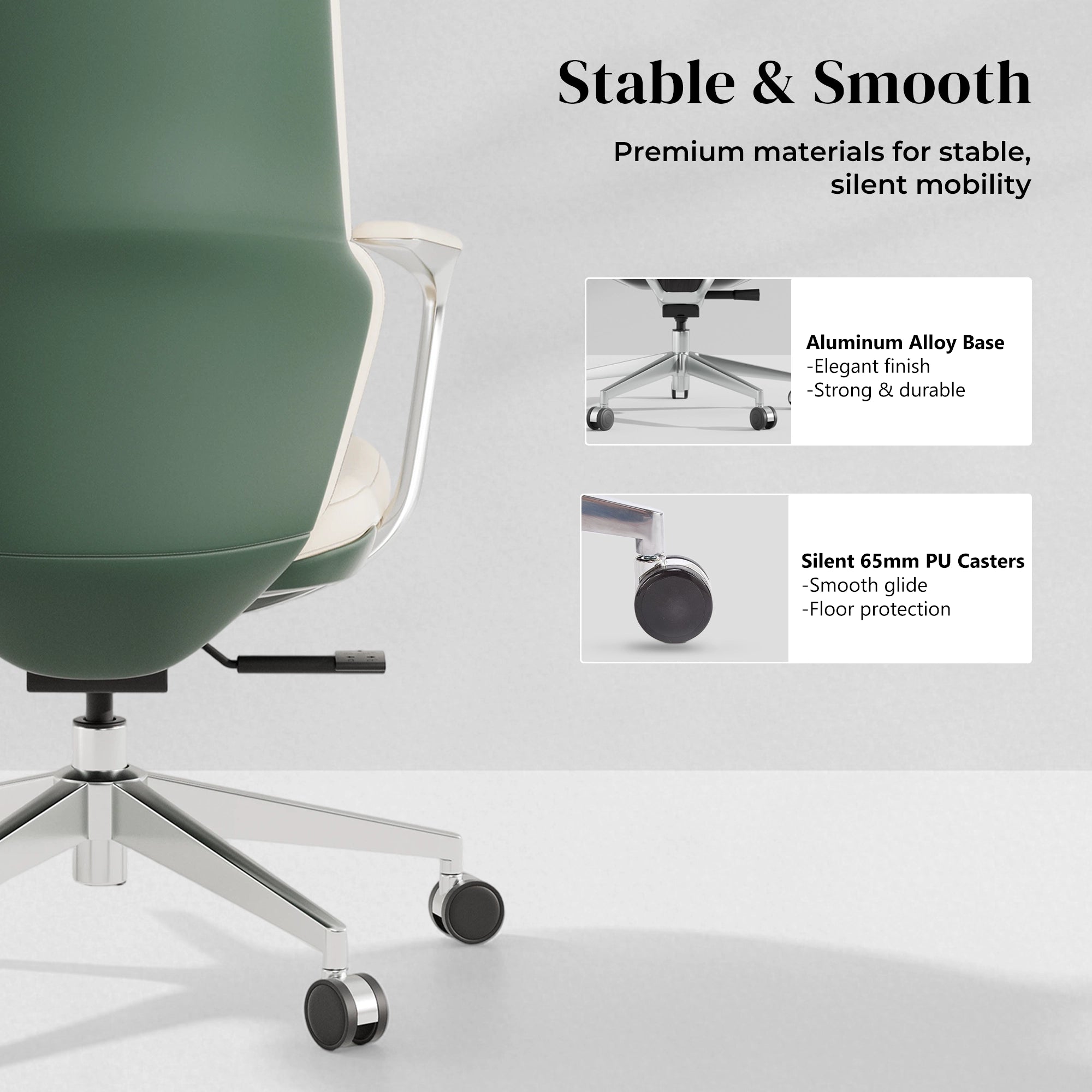 Green leather office chair with curved back and metal swivel base, showing caster wheels