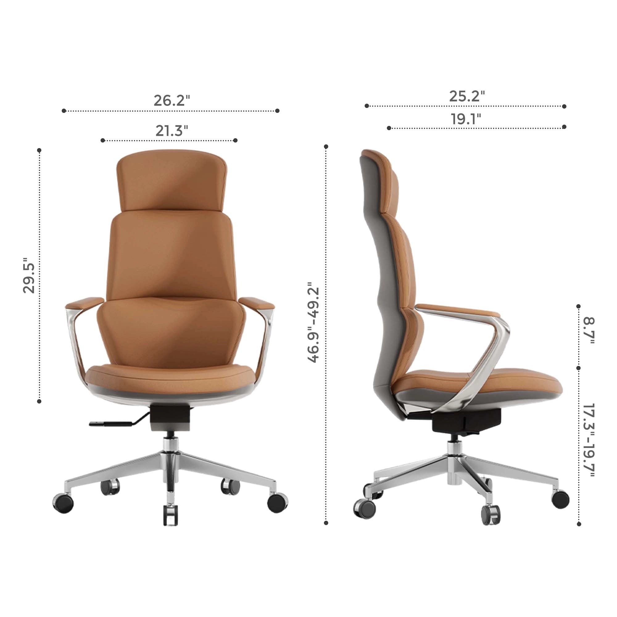 Brown leather office chair with contoured backrest, curved seat, and chrome swivel base