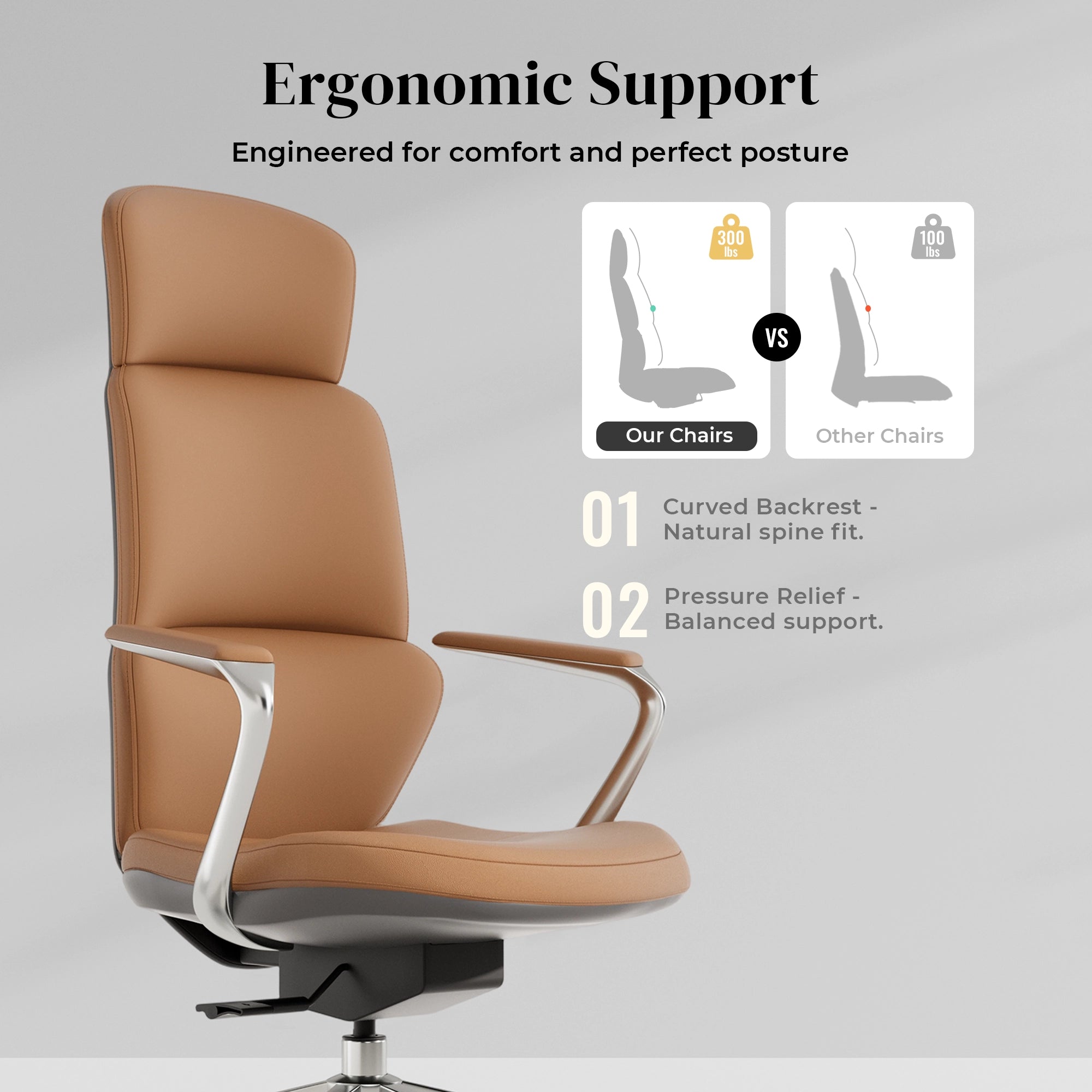 Tan leather swivel office chair with curved backrest and ergonomic seat pan