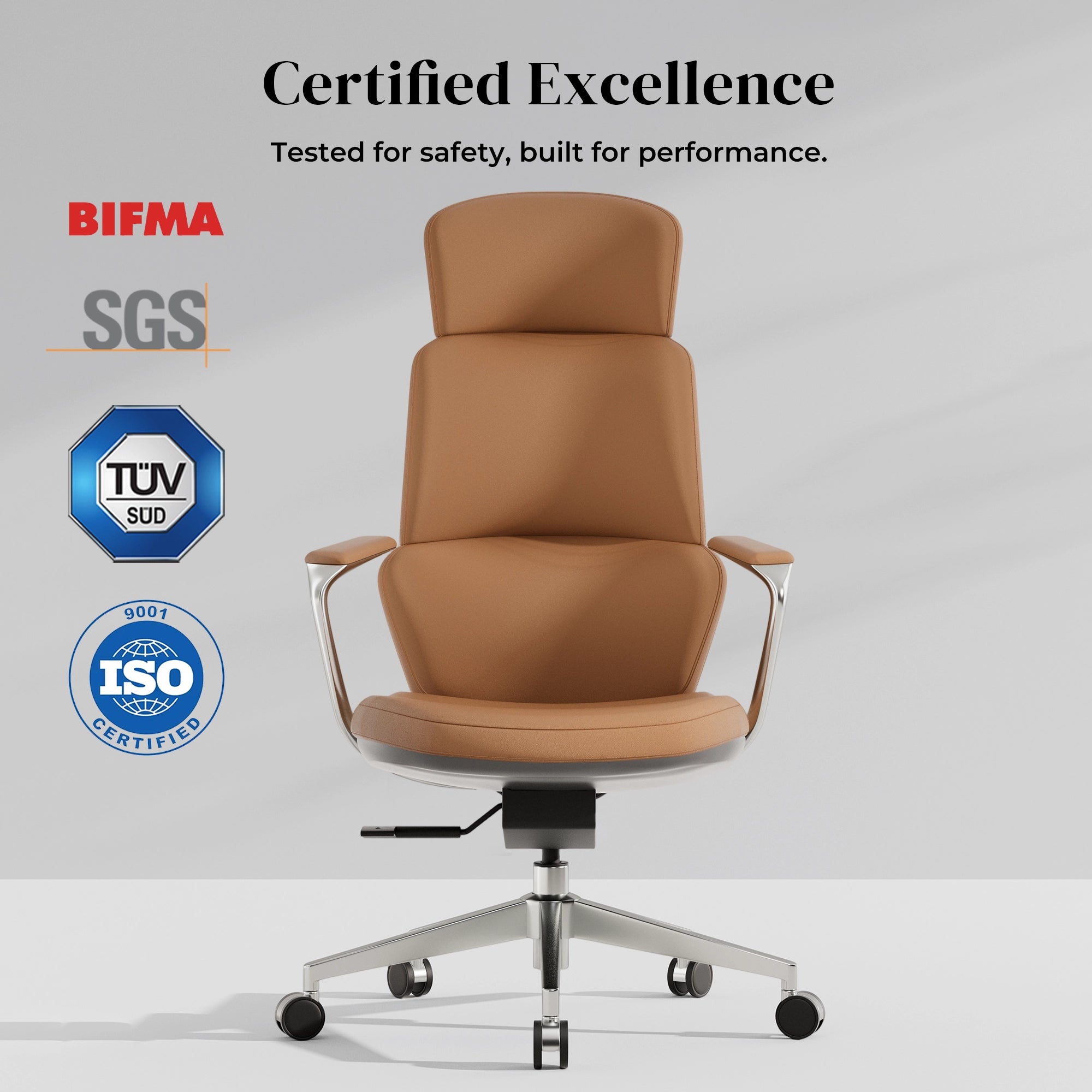 Tan leather swivel office chair with padded seat and tall backrest