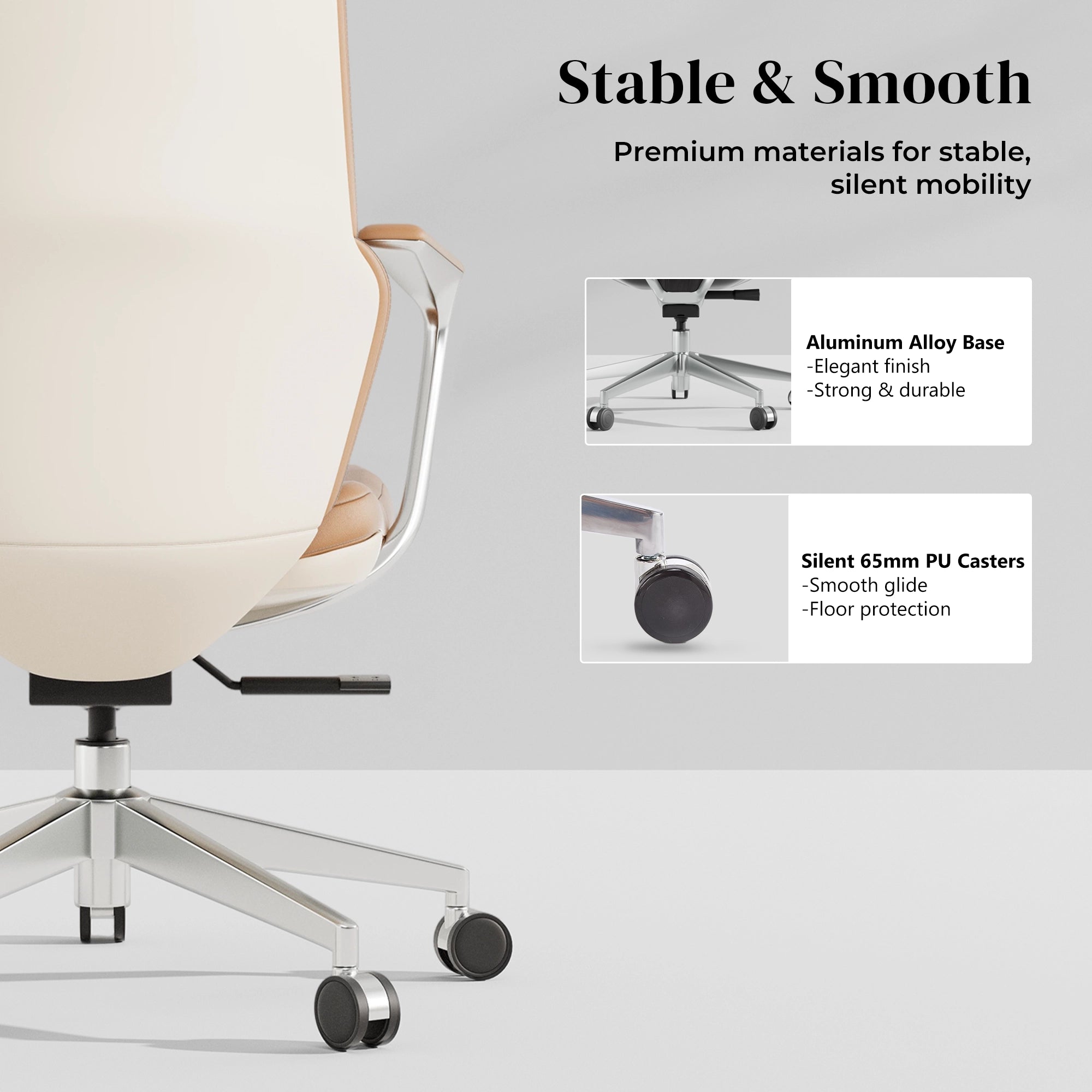 Tan leather office chair with cushioned back and seat, arched armrests, swivel base