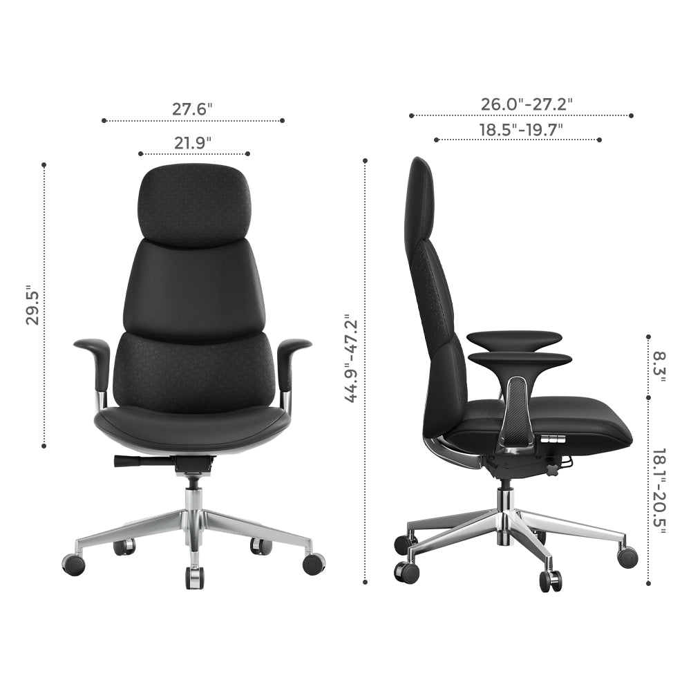 Nyla leather office chair dimensions view, dark upholstery, chrome base and caster wheels