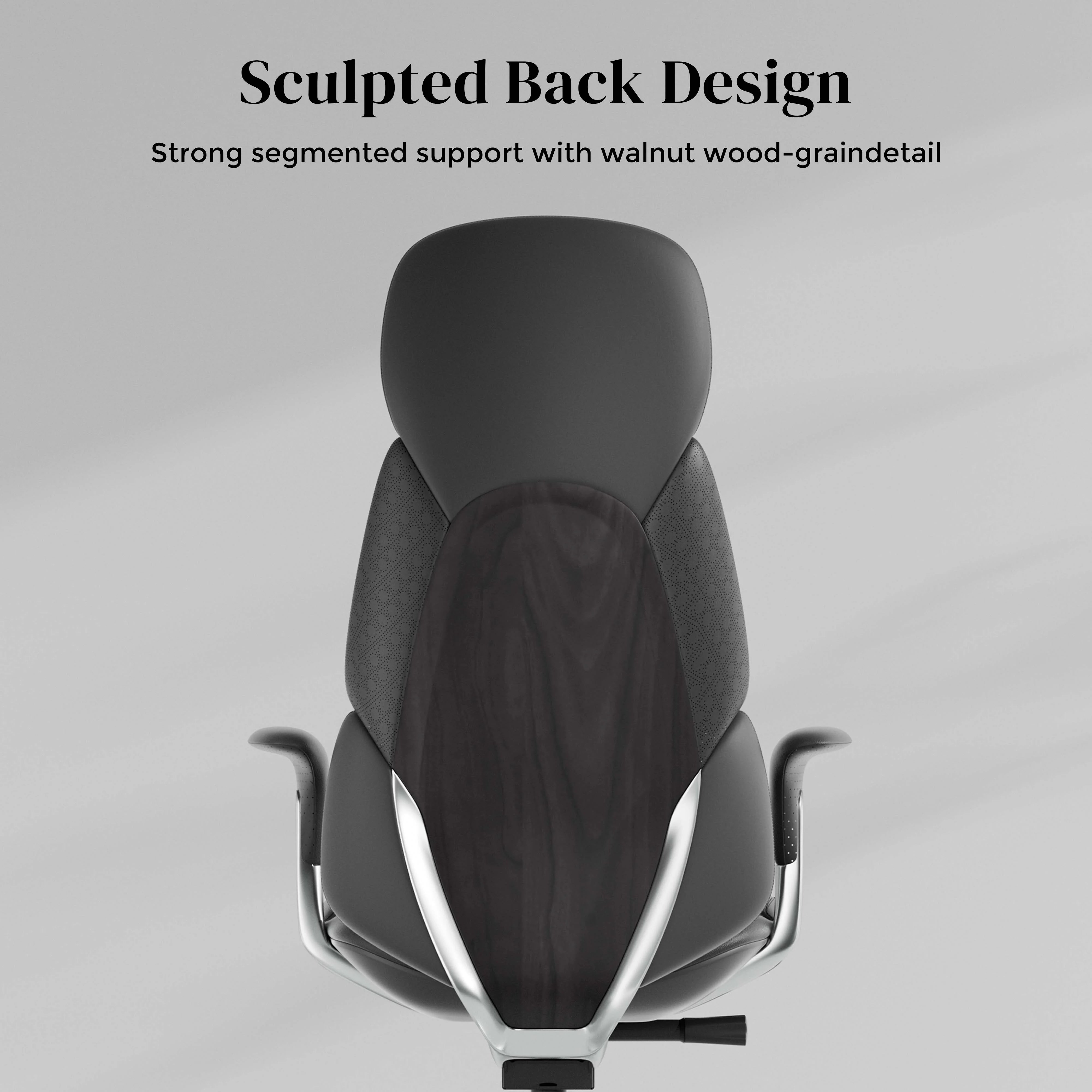 Black office chair with sculpted backrest and contoured seat, on chrome base with casters