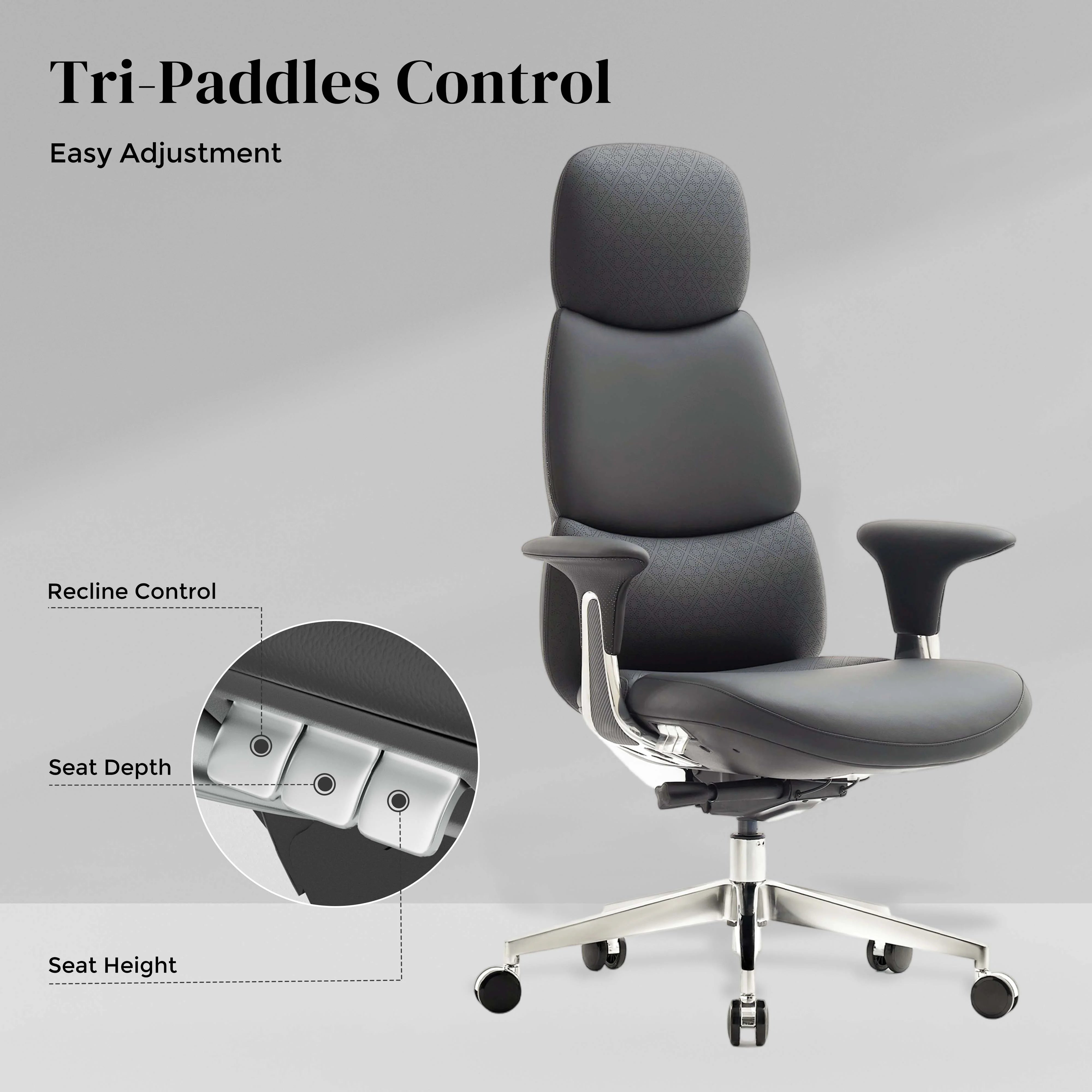 Black leather office chair with high backrest, padded armrests, and adjustable swivel base