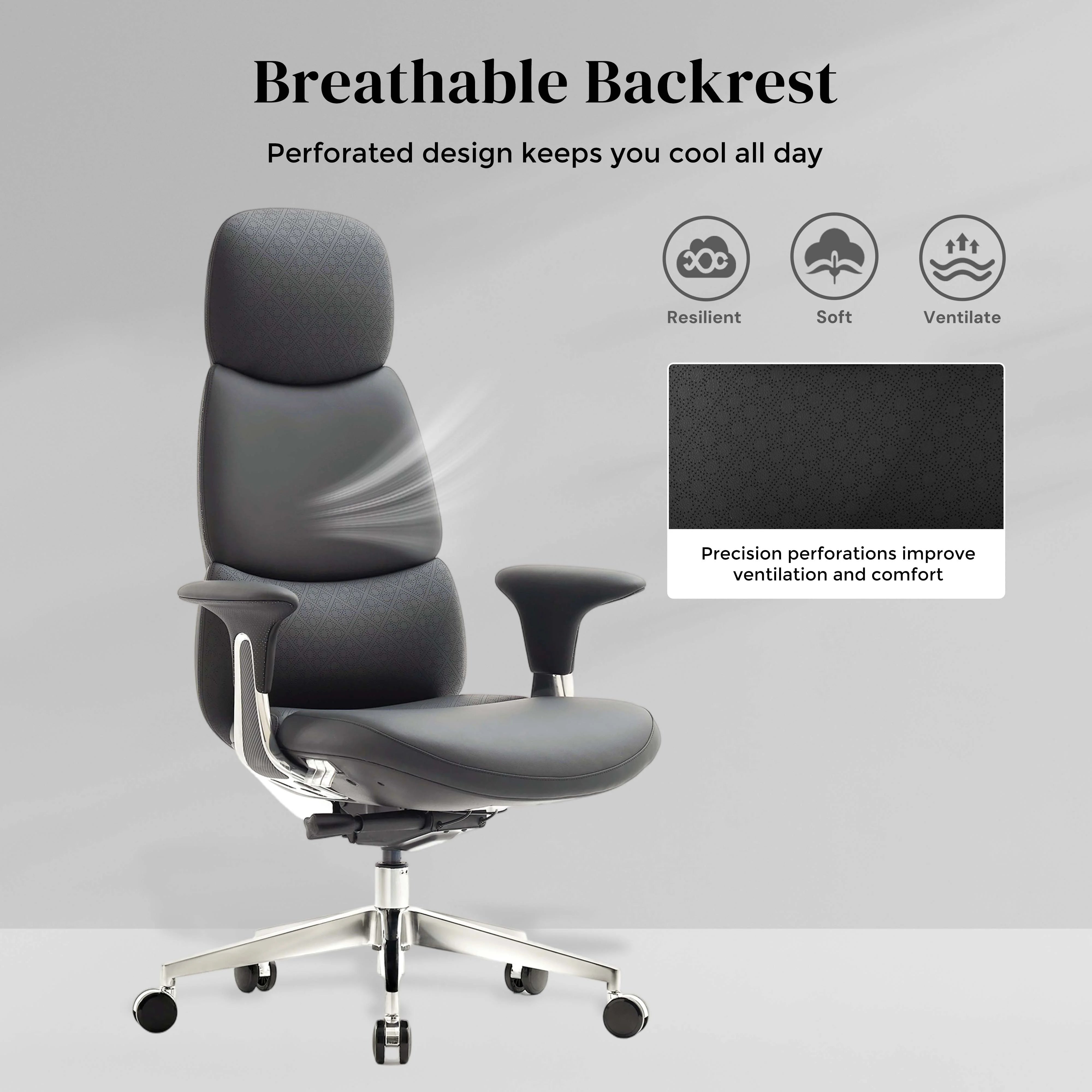 Black office chair with contoured seat and breathable backrest on chrome base with casters