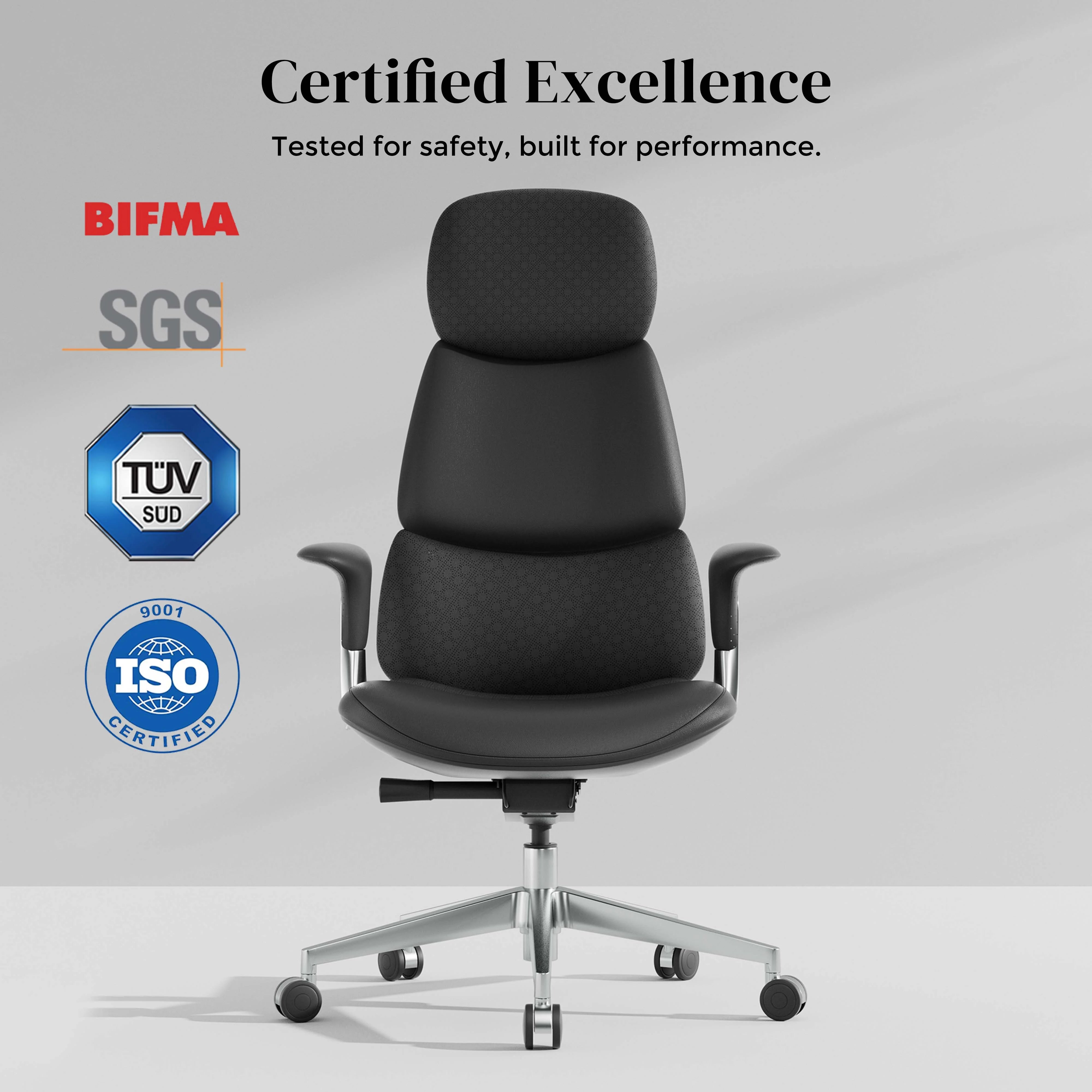 Black upholstered office chair with headrest, curved back, and chrome base with casters
