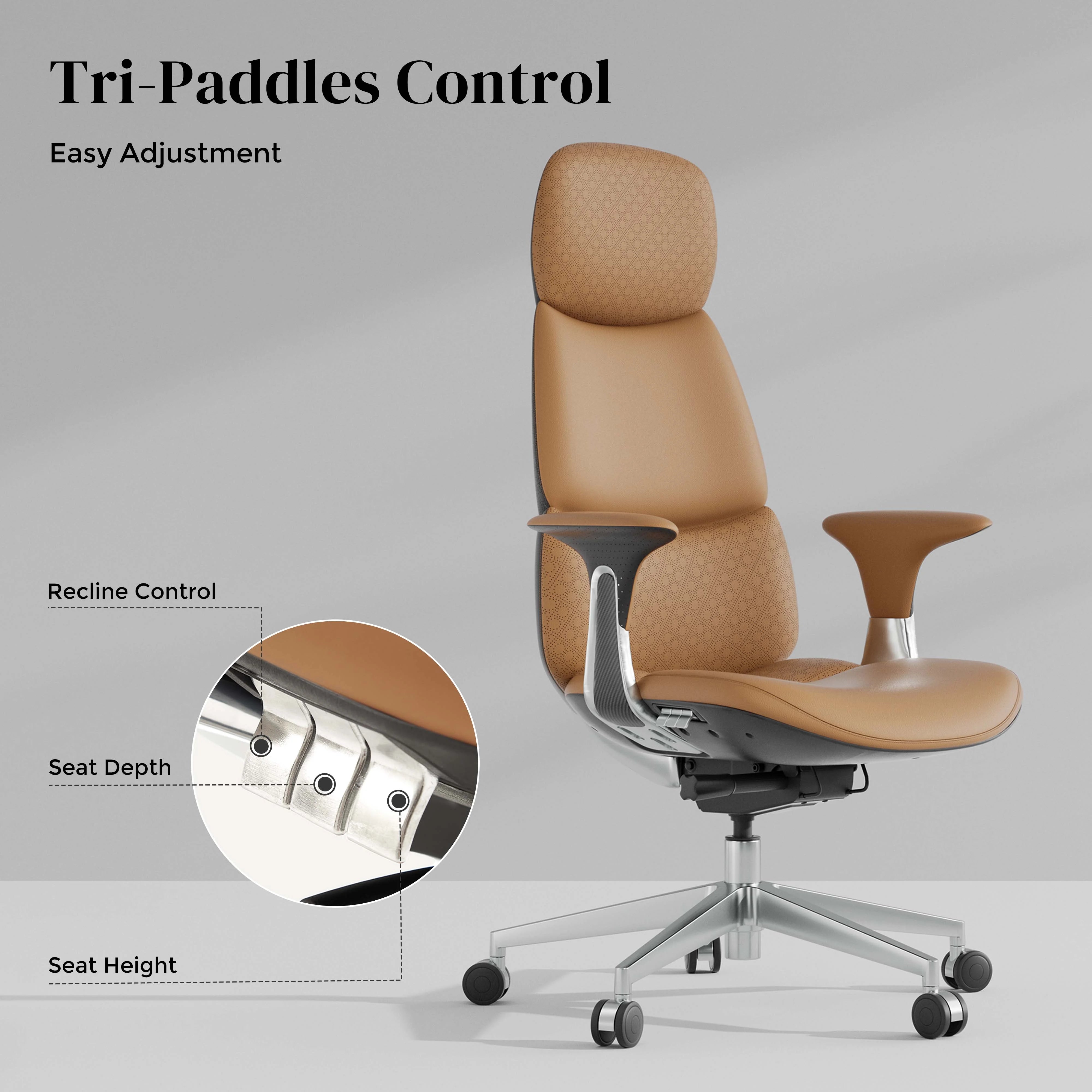 Tan leather office chair with contoured seat, chrome base, and side control lever